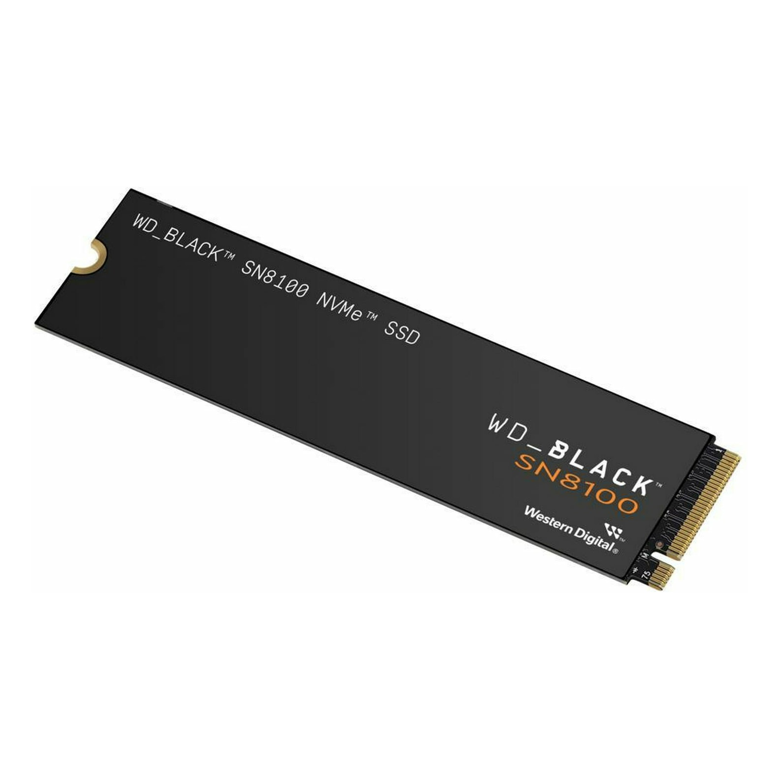 SSD nero con connettori dorati, etichettato WD_BLACK SN8100 NVMe SSD.