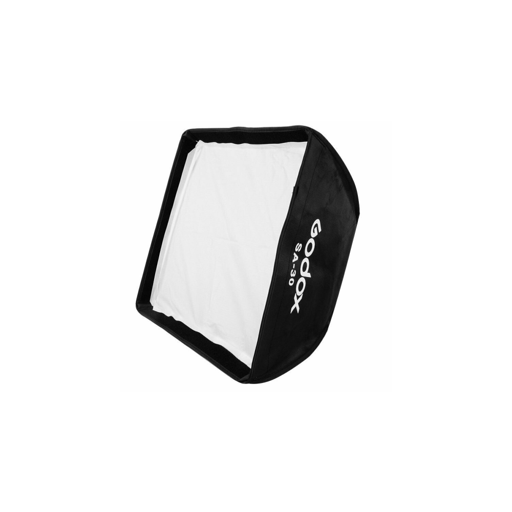 Ein schwarzer Godox SA-30 Softbox mit weißem Diffusorpanel steht schräg.