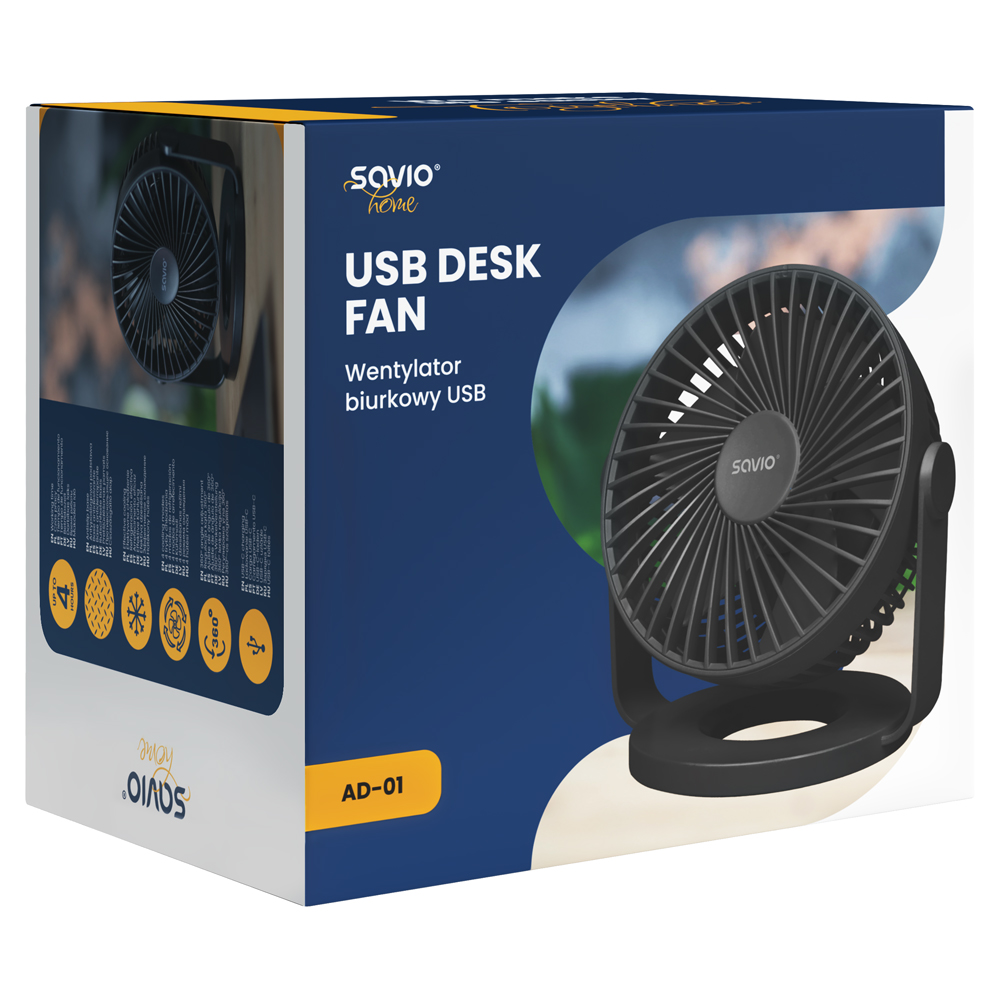 Schwarzer USB-Schreibtischventilator auf einer blauen Schachtel mit Produktabbildungen.