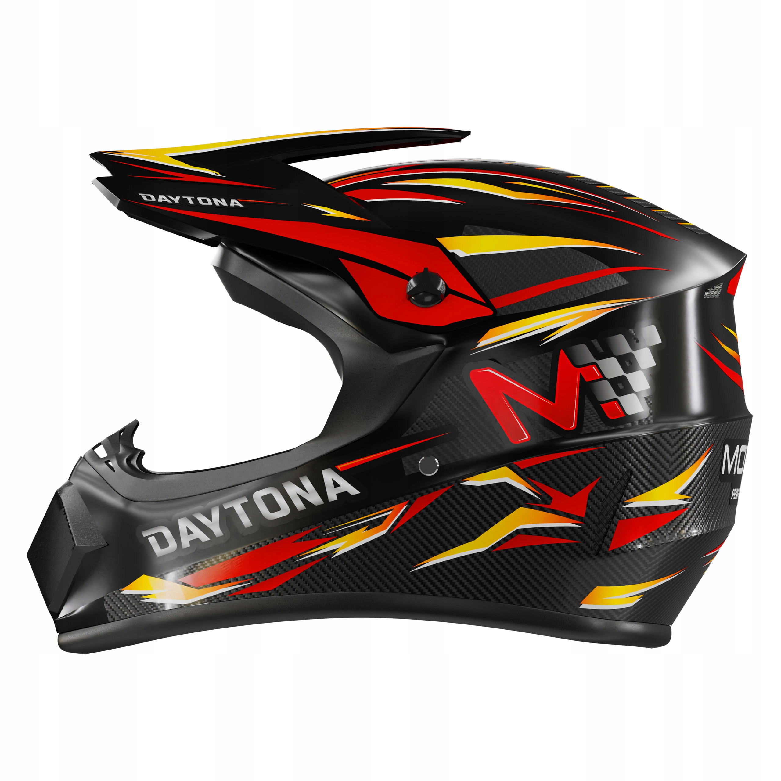Schwarzer Helm mit roten und gelben Flammen-Aufklebern und Daytona-Schriftzug.