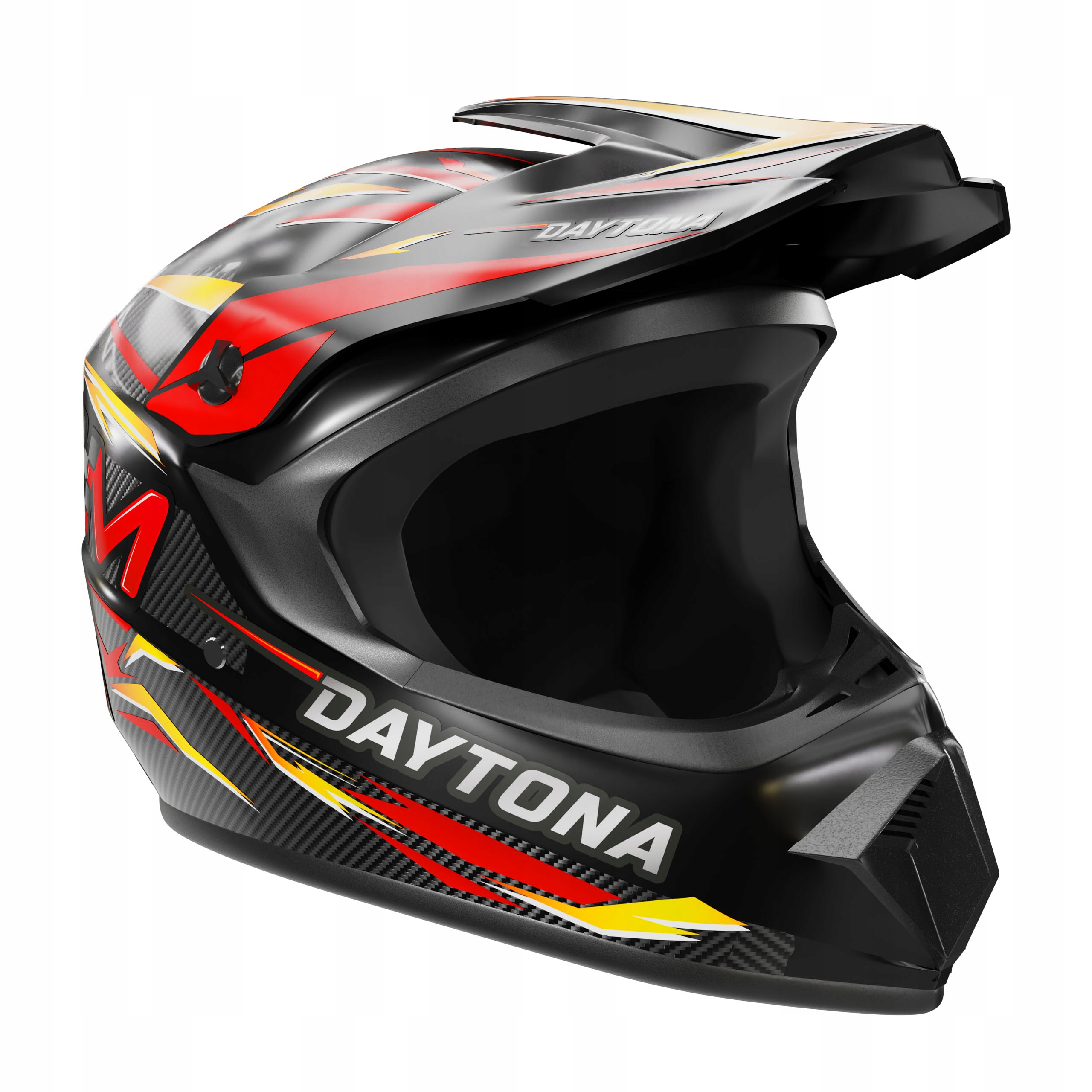 Schwarzer Helm mit rotem, gelbem Flammenmuster und DAYTONA-Aufschrift.