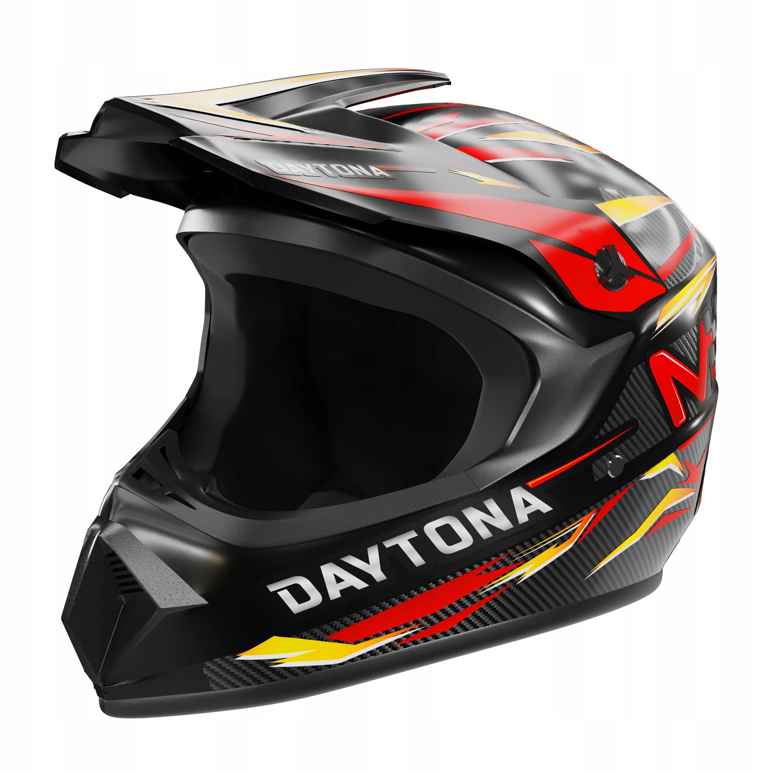 Schwarzer Helm mit roten, gelben und weißen Flammenmustern und "DAYTONA"-Aufschrift.