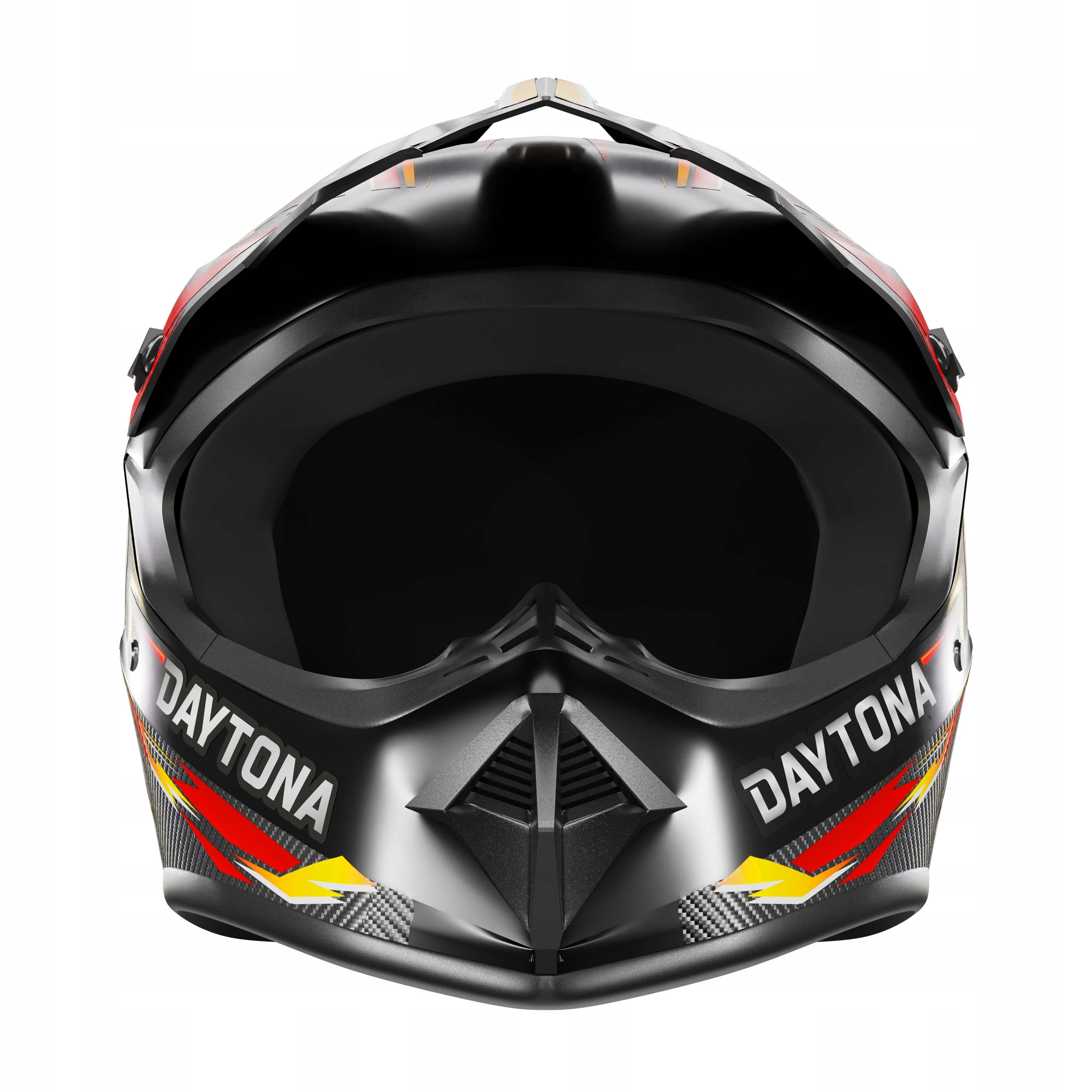 Schwarzer Integralhelm mit "DAYTONA"-Logo und roten/gelben Flammen-Grafiken.
