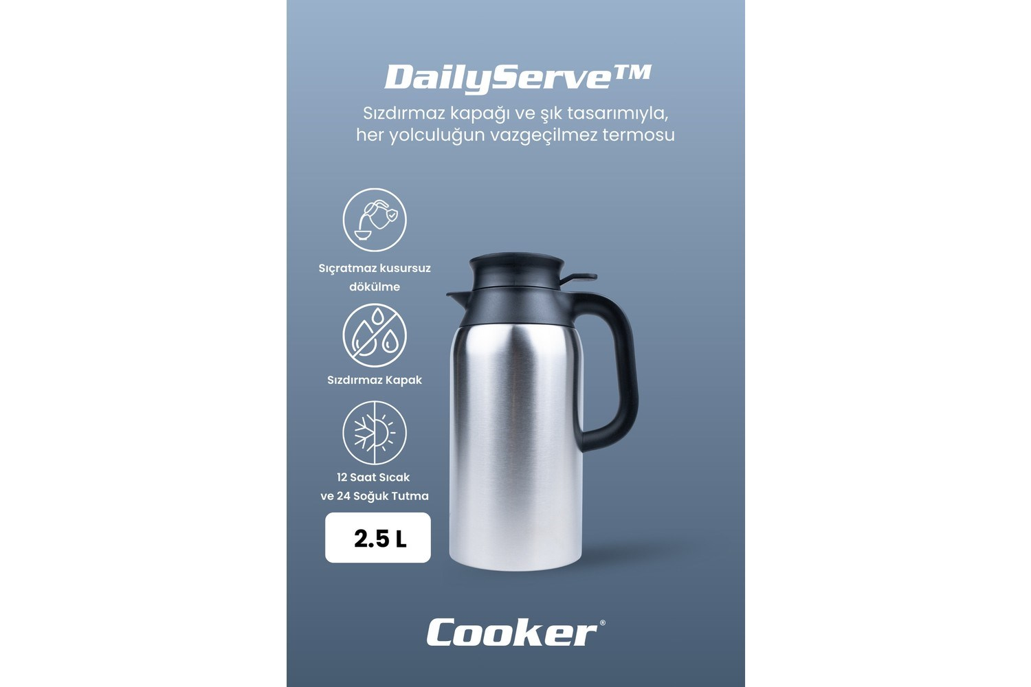 Siyah saplı gümüş termos, 2,5 L kapasiteli, sızdırmaz.