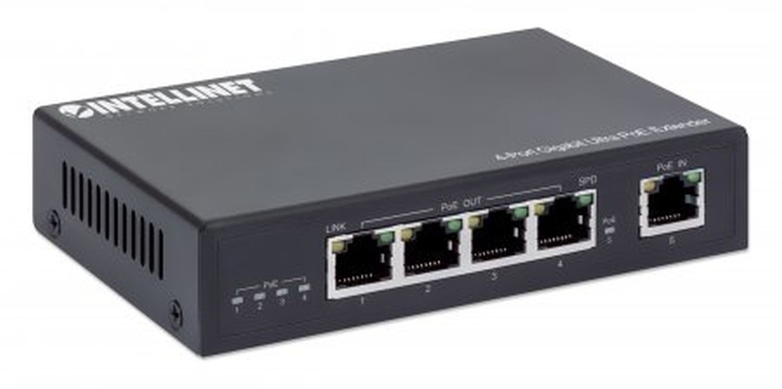 Czarny 6-portowy przedłużacz Intellinet Gigabit PoE z portami Ethernet.
