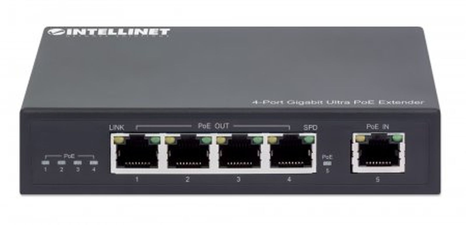 Szary 4-portowy przedłużacz PoE Gigabit Intellinet z 5 portami Ethernet i diodami.