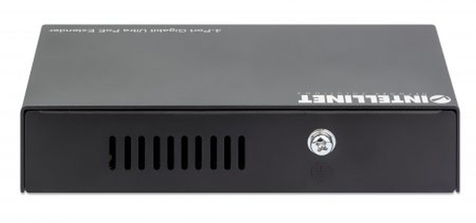 Czarny 4-portowy przedłużacz Gigabit PoE z otworami wentylacyjnymi i zamkiem.
