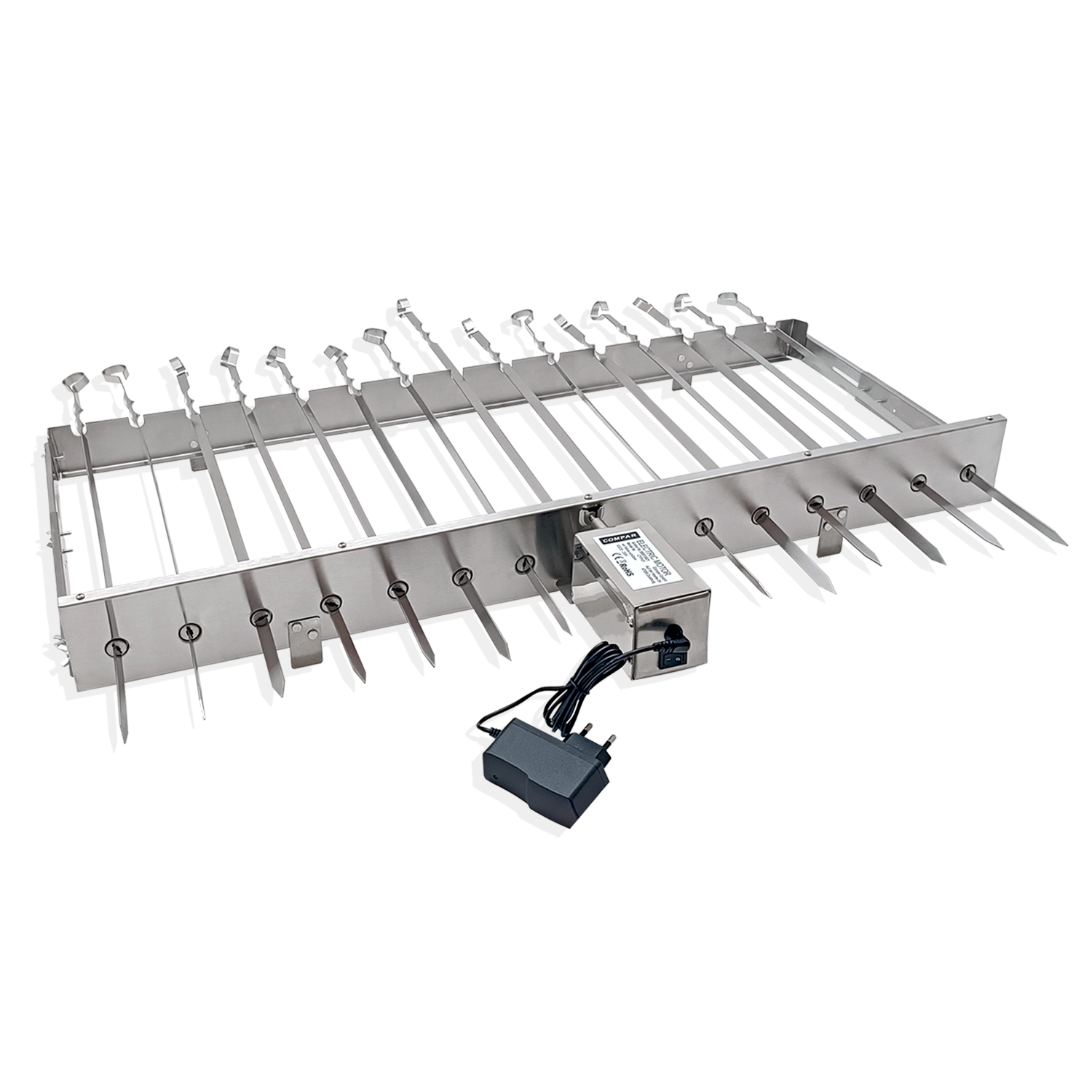 Ein rotierender Grillspieß-Halter aus Metall mit elf Spießen und einem Motor.