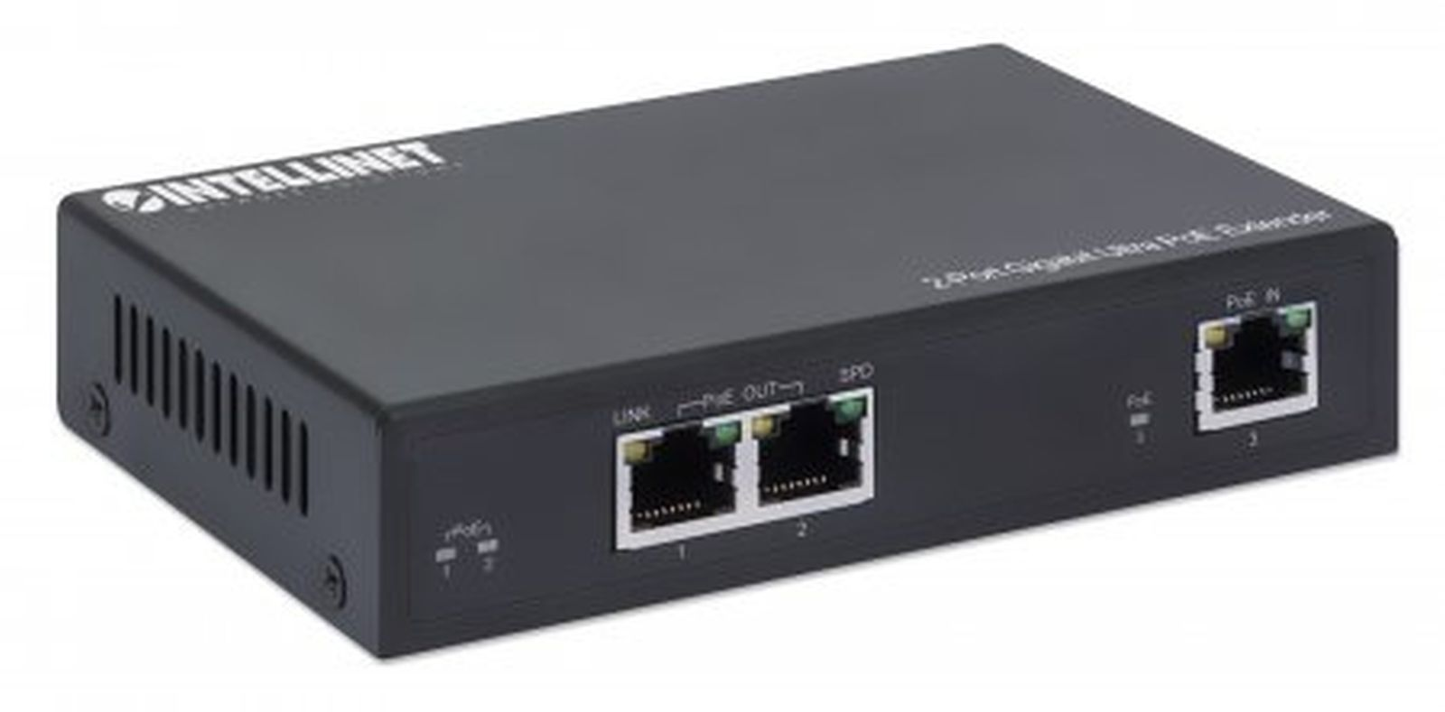 Czarny Intellinet 2-portowy przedłużacz Gigabit Ultra PoE z portami Ethernet.