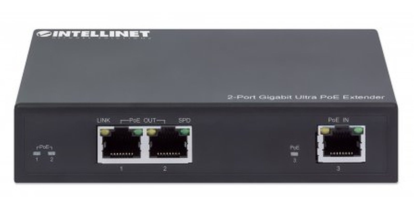 Czarny przedłużacz Intellinet Gigabit PoE 2-portowy z trzema portami Ethernet.