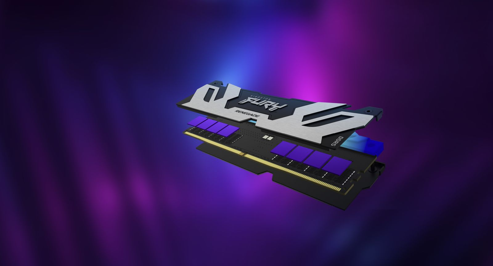 Kingston Fury Renegade DDR5 RAM-Modul mit silbernen Kühlkörpern und lila Akzenten.