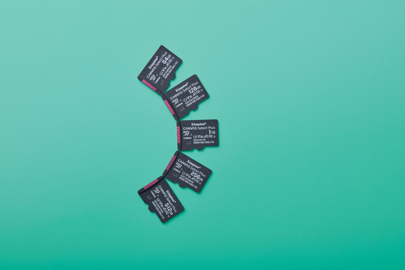 Cinq cartes microSD Kingston : 64 Go, 128 Go, 256 Go, 512 Go et 1 To sur fond turquoise.