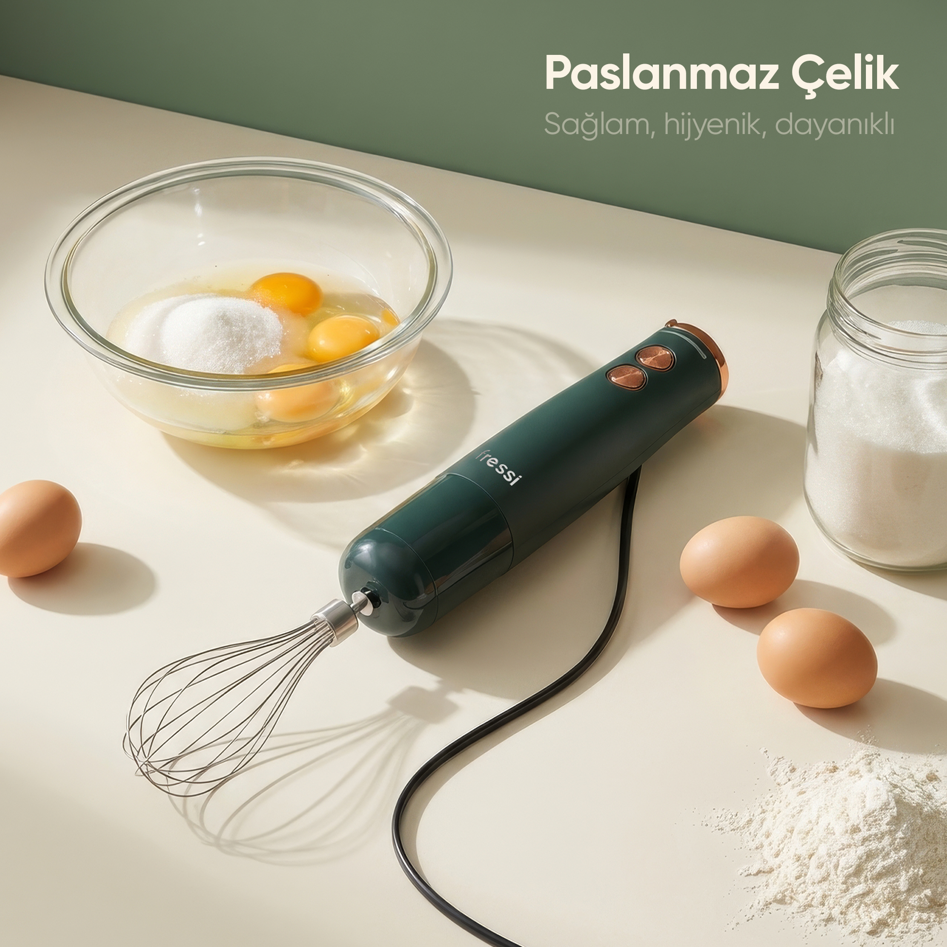 Çırpıcılı el mikseri, kasede yumurta ve şeker, un ve şeker.