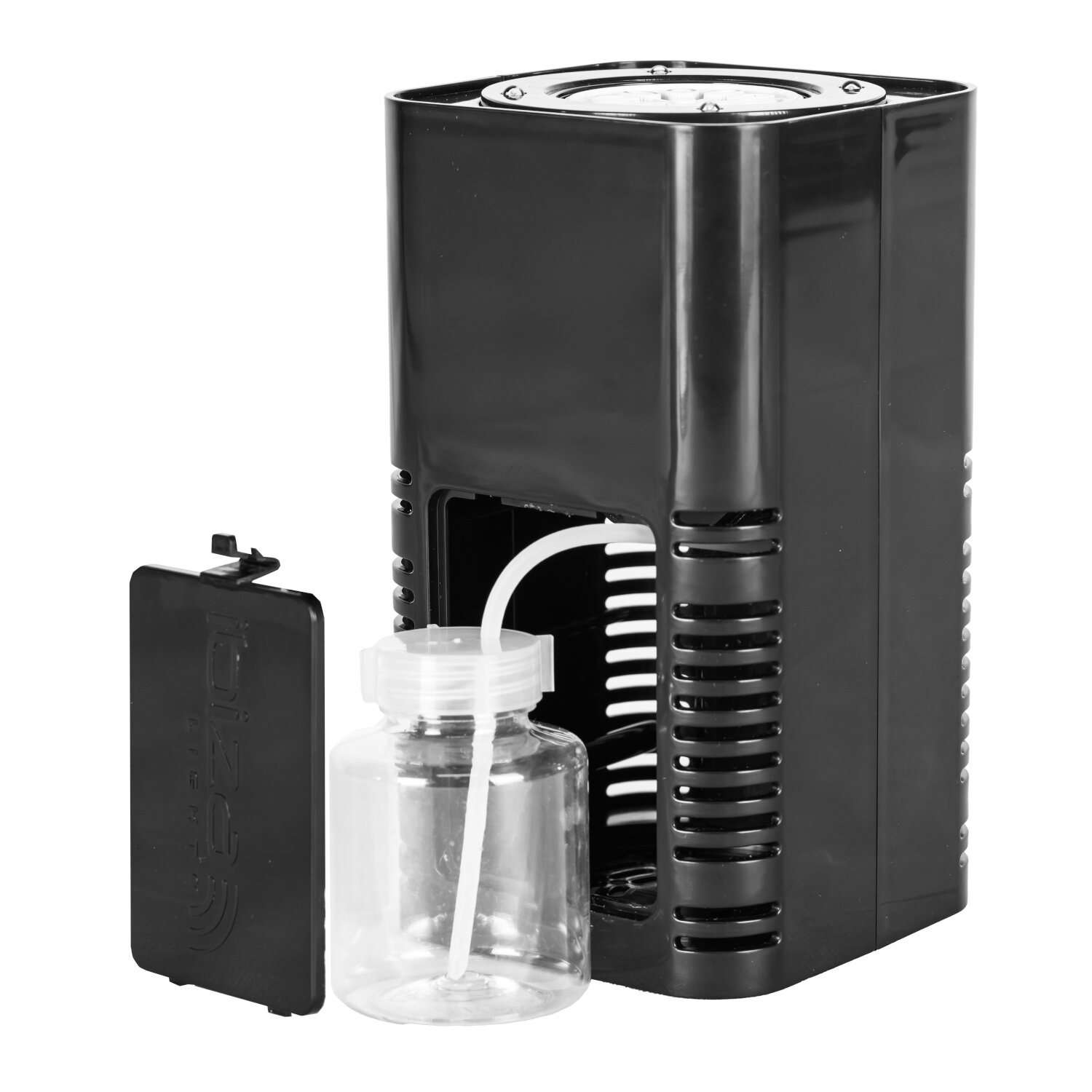 Eine schwarze Seifenblasenmaschine mit abgenommener Wasserflasche und Deckel.
