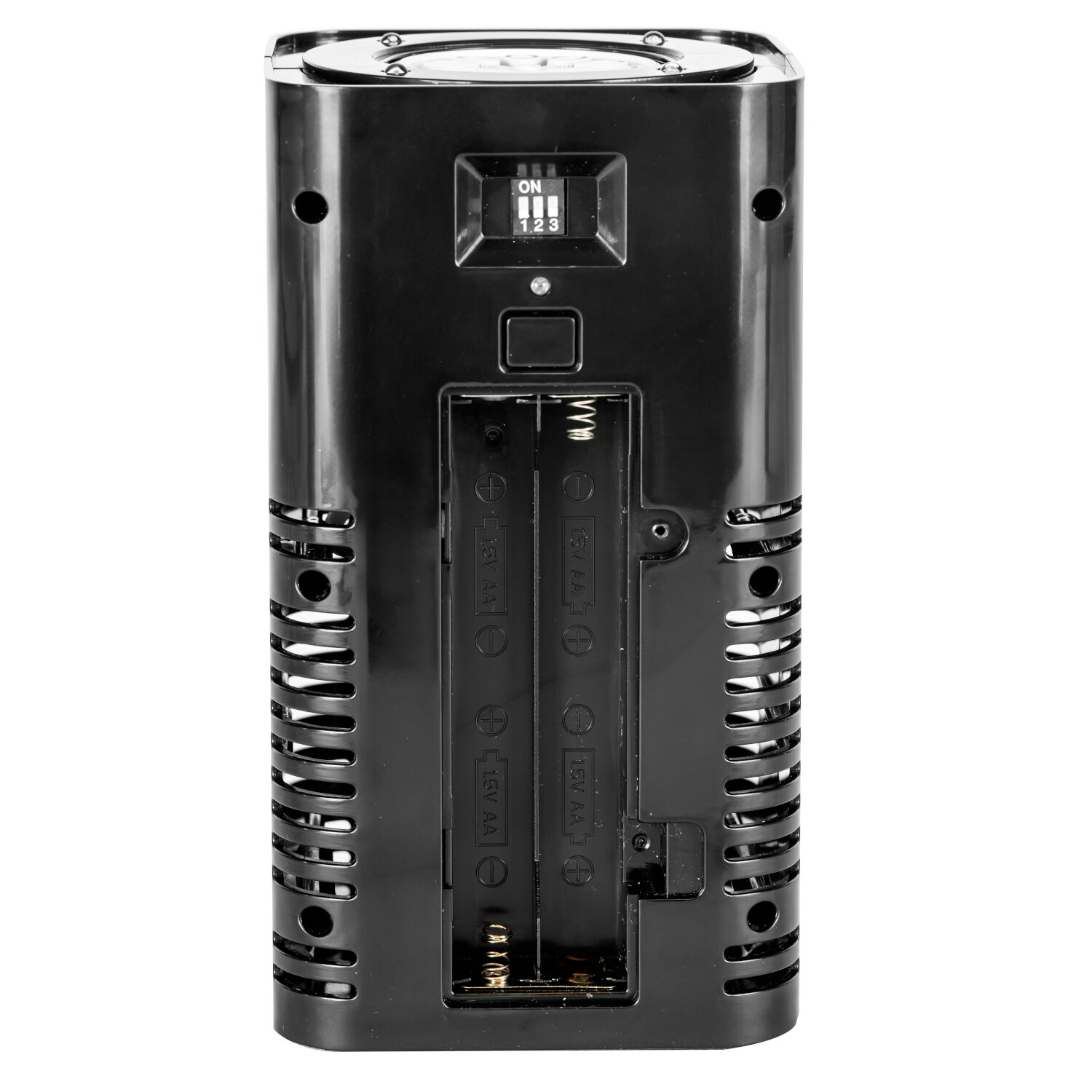 Rückseite eines schwarzen Geräts mit Batteriefach und Schaltern.