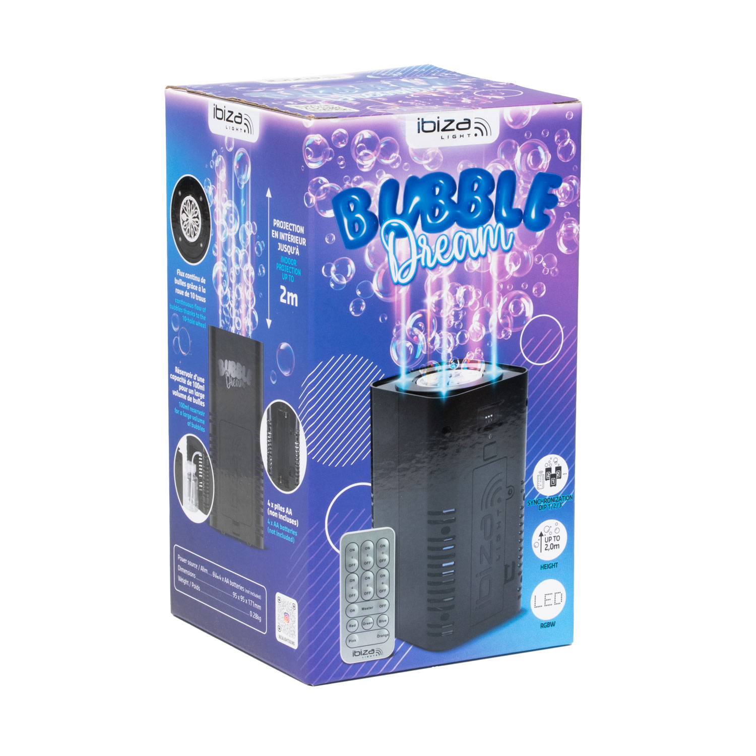 Verpackung einer Ibiza Light Bubble Dream Nebelmaschine mit Fernbedienung.