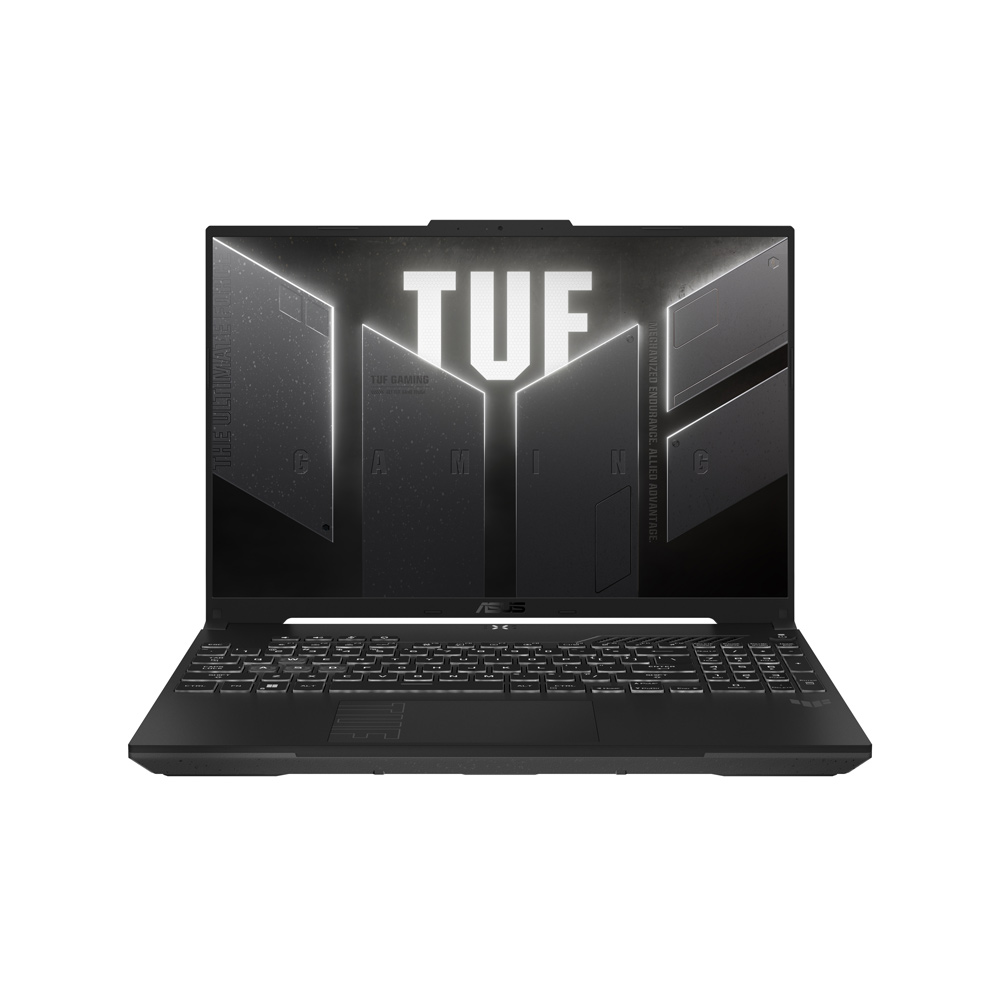 Ekranında TUF logosu ve aydınlatmalı klavyesi olan siyah oyuncu dizüstü bilgisayarı.