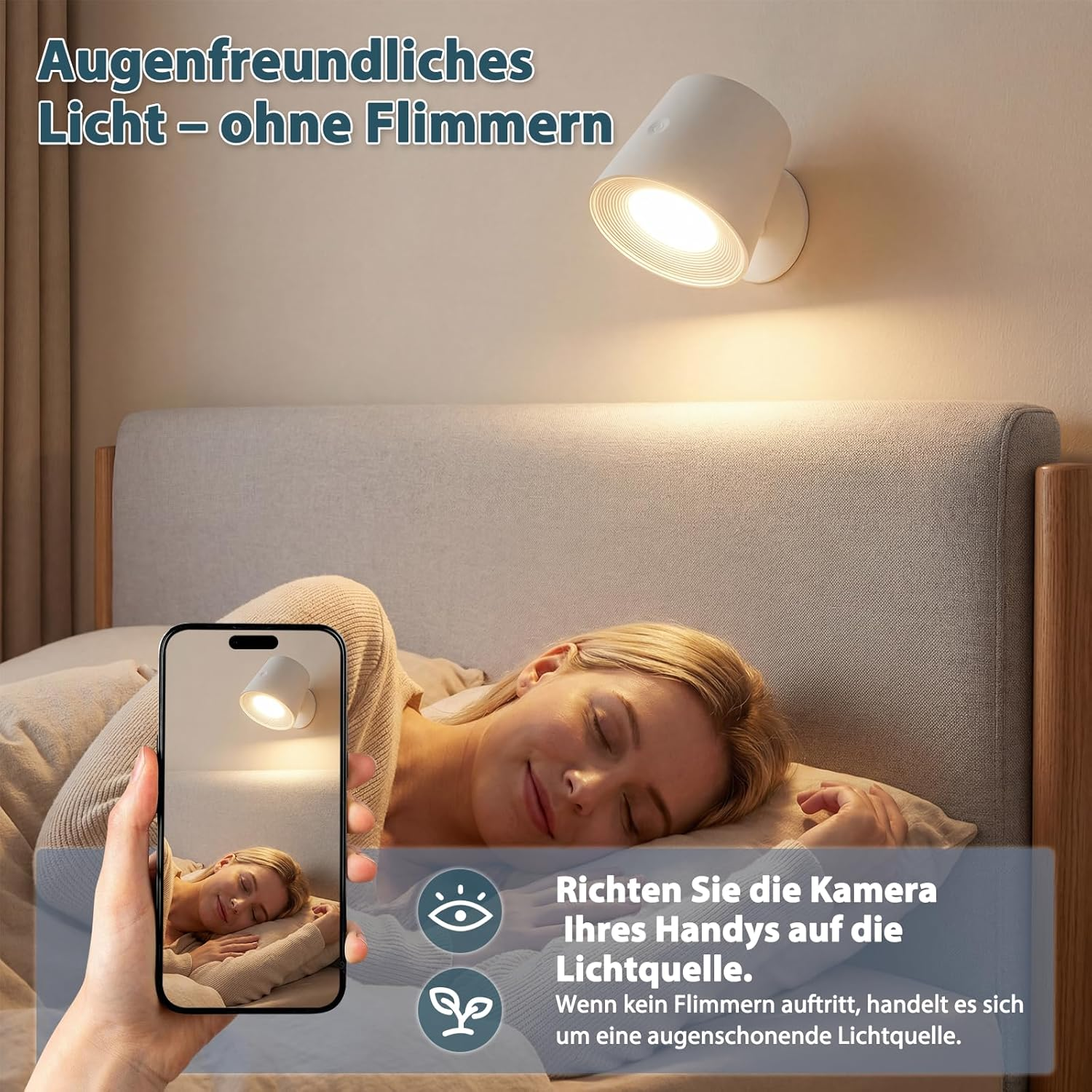 Eine Frau schläft, während ein Handy eine Nachttischlampe filmt.