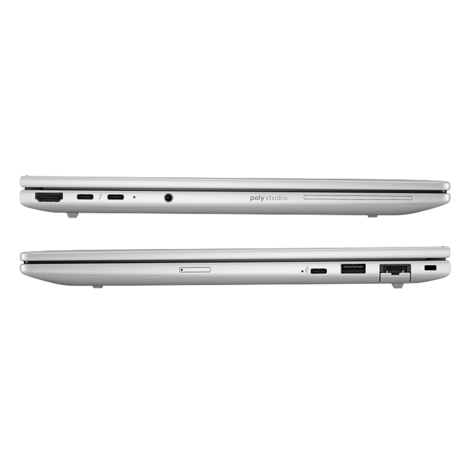 Gümüş rengi dizüstü bilgisayarın yan görünümü, bağlantı noktaları: HDMI, USB-C, kulaklık jakı.