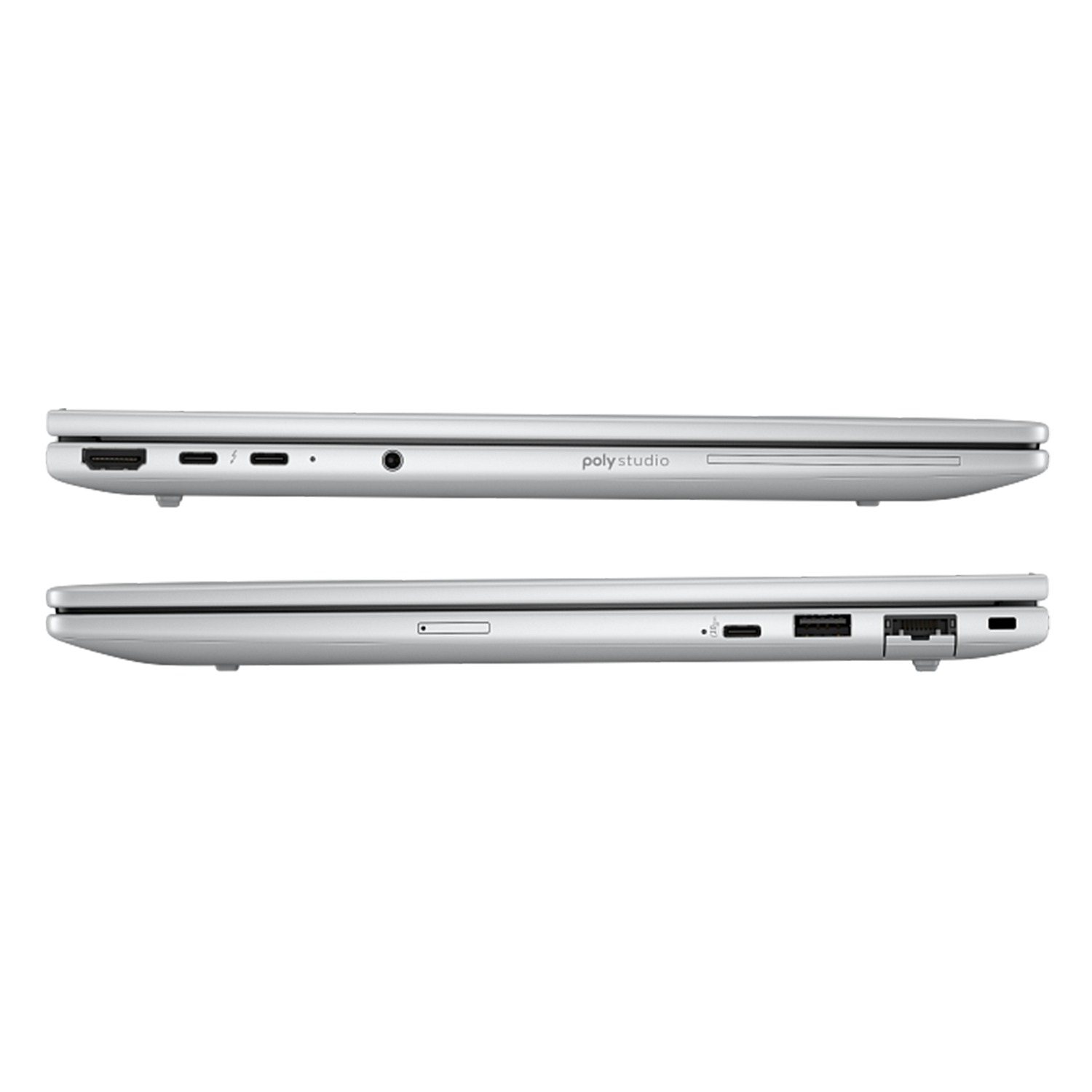 Gümüş dizüstü bilgisayar bağlantı noktalarını gösteriyor: HDMI, USB-C, kulaklık jakı, USB-A, Ethernet.