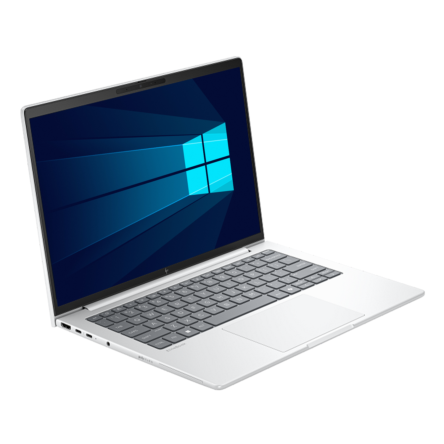 Arkadan aydınlatmalı klavyeli ve ekranda Windows logosu bulunan şık gümüş renkli HP EliteBook laptop.