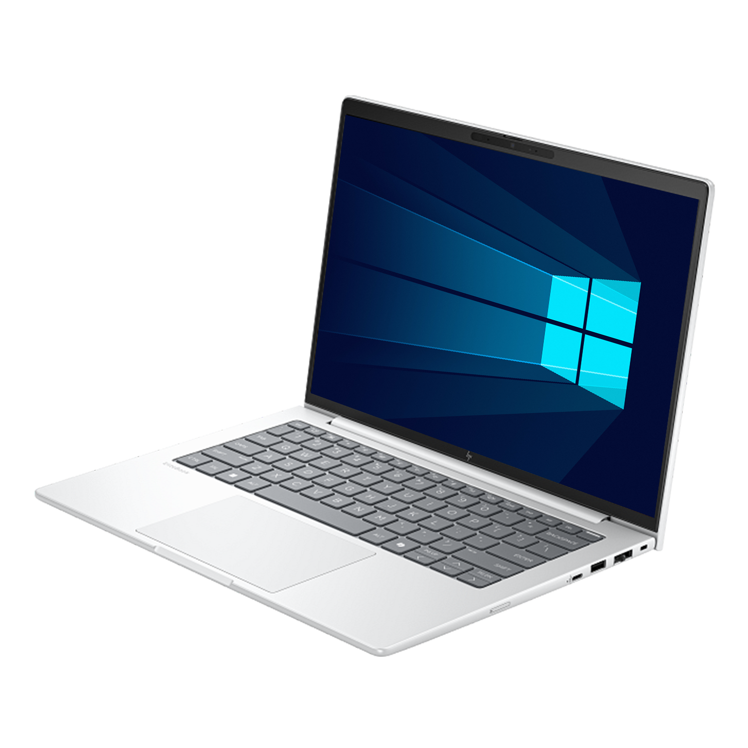 Gri klavyeli, mavi Windows arka planına sahip gümüş renkli bir dizüstü bilgisayar.