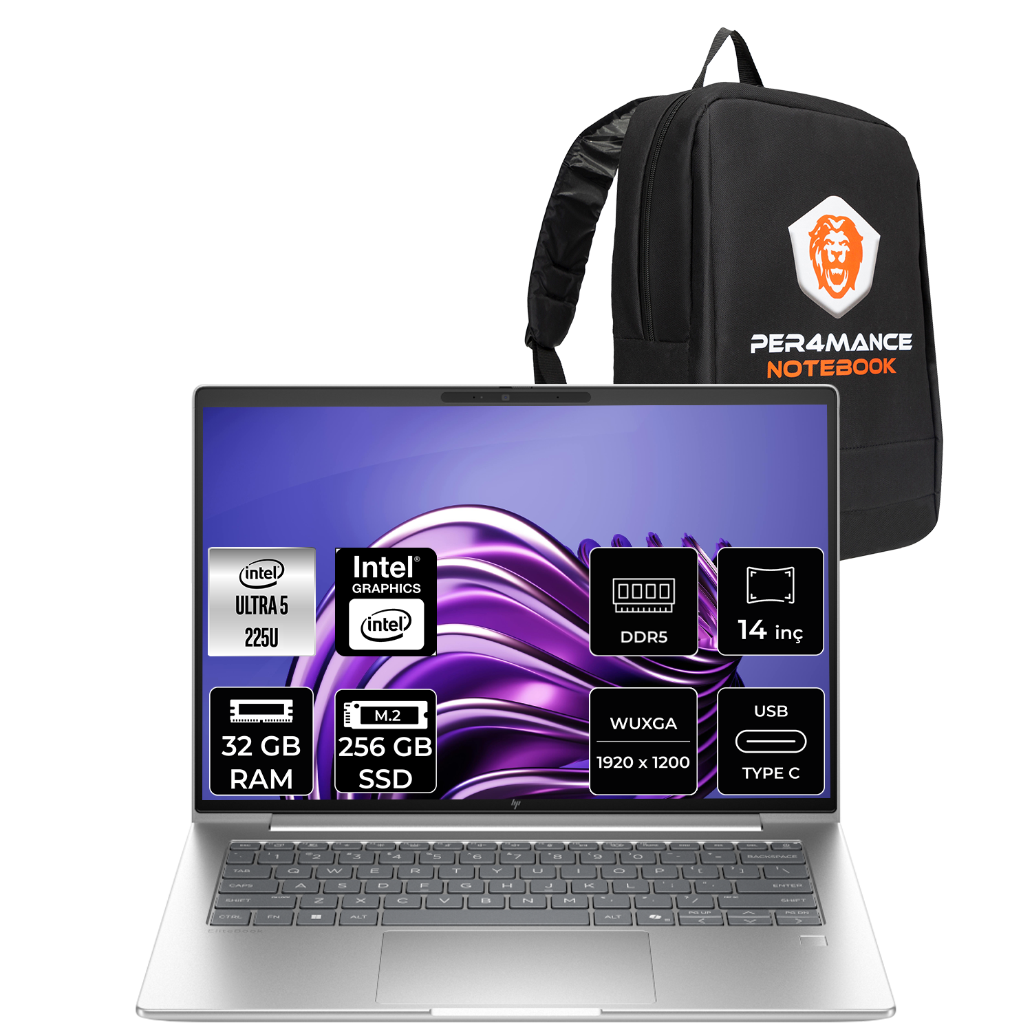 Gümüş rengi dizüstü bilgisayar, Intel Ultra 5, 32 GB RAM, 256 GB SSD ve siyah sırt çantası.