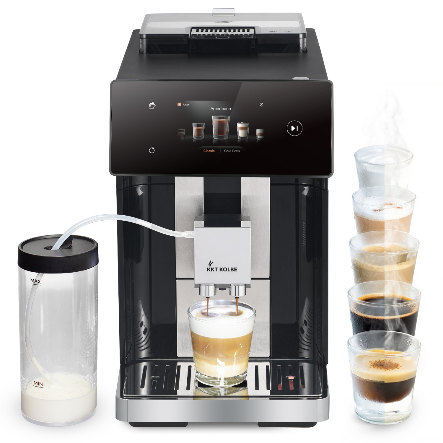Kaffeevollautomat mit Milchbehälter und verschiedenen Kaffeesorten in Gläsern.