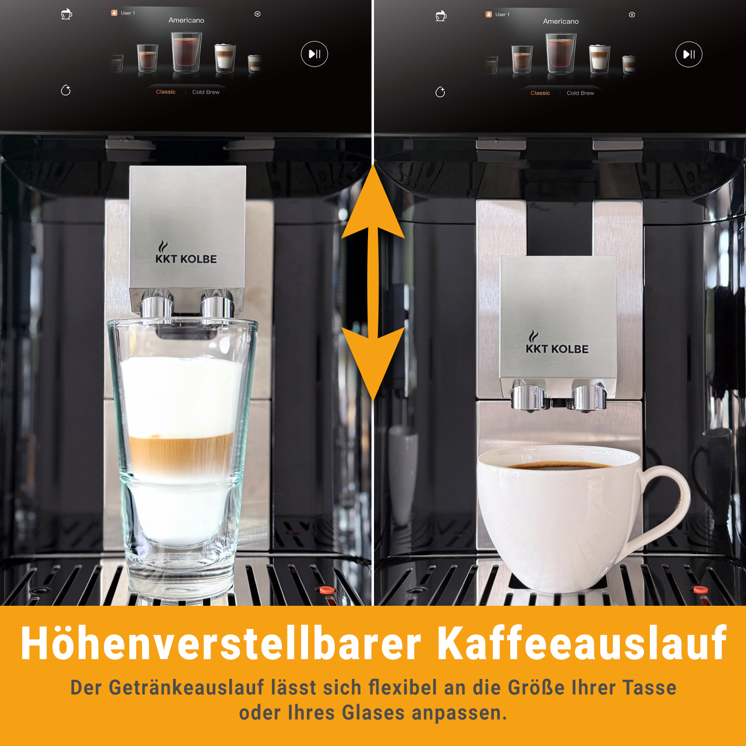 Kaffeemaschine mit verstellbarem Kaffeeauslauf, zeigt ein Glas Milchkaffee und eine Tasse Kaffee.