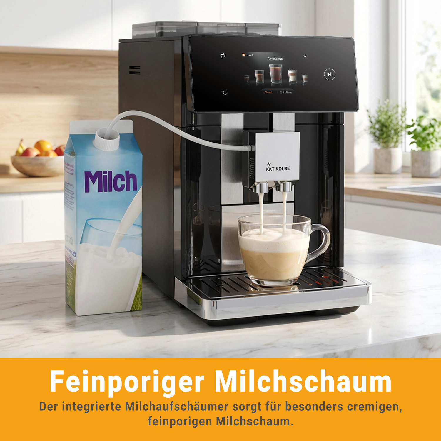 Kaffeevollautomat schäumt Milch in eine Tasse. Milchpackung daneben.
