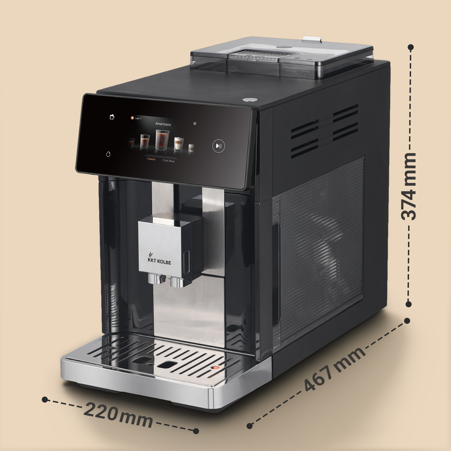 Moderne schwarze Kaffeemaschine mit Touchscreen-Display, Maße 220x467x374mm.