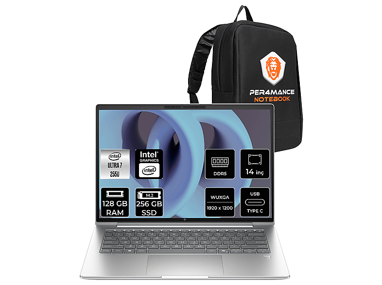 HP EB 6 G1i FHD+ CV0G8ETPN347 + PER4 Intel Core Ultra 7 255U 128 GB RAM 512 GB SSD 14 inç FreeDOS Laptop+Çanta Metalik Gri