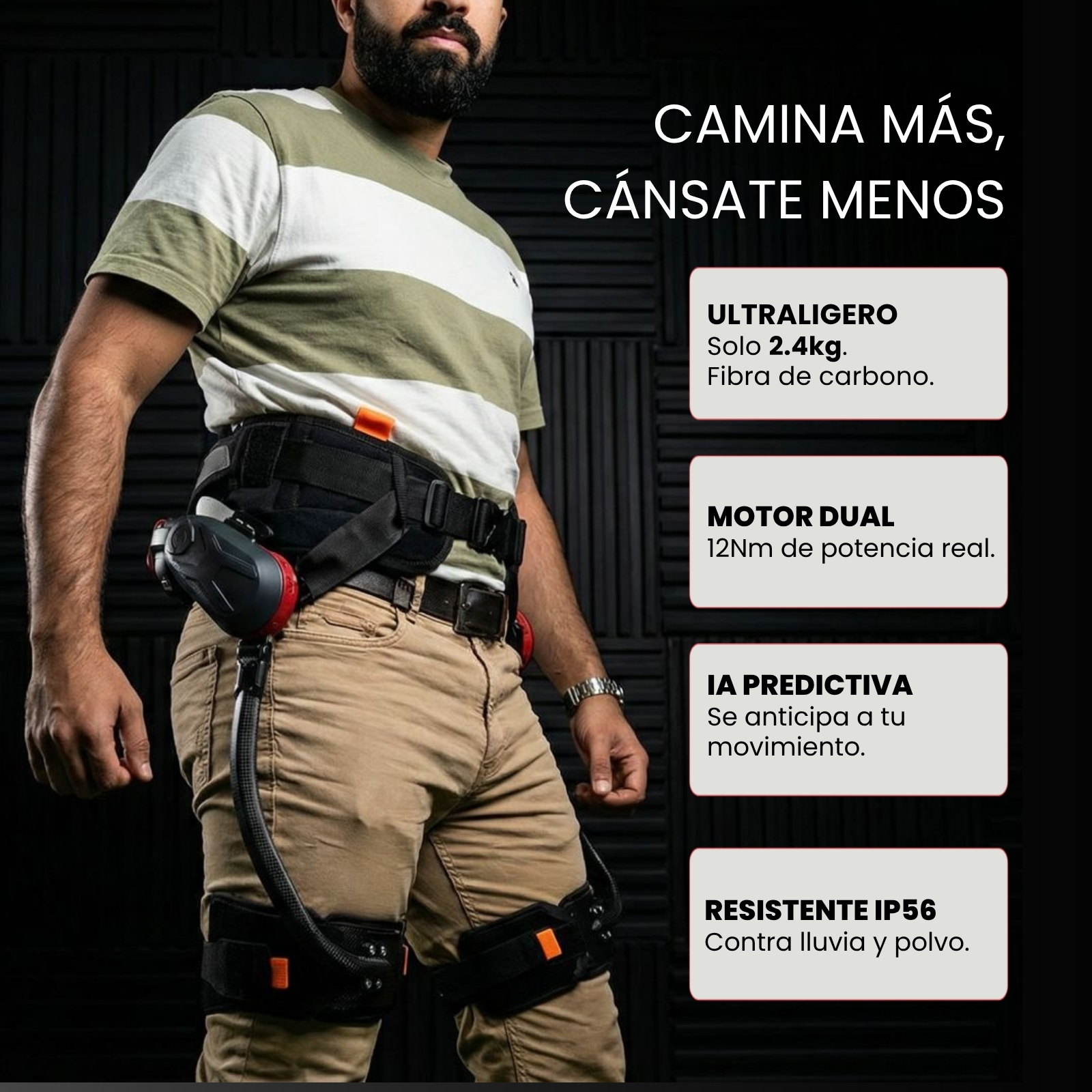 Hombre con exoesqueleto en la cadera: Ultraligero, motor dual, IA.