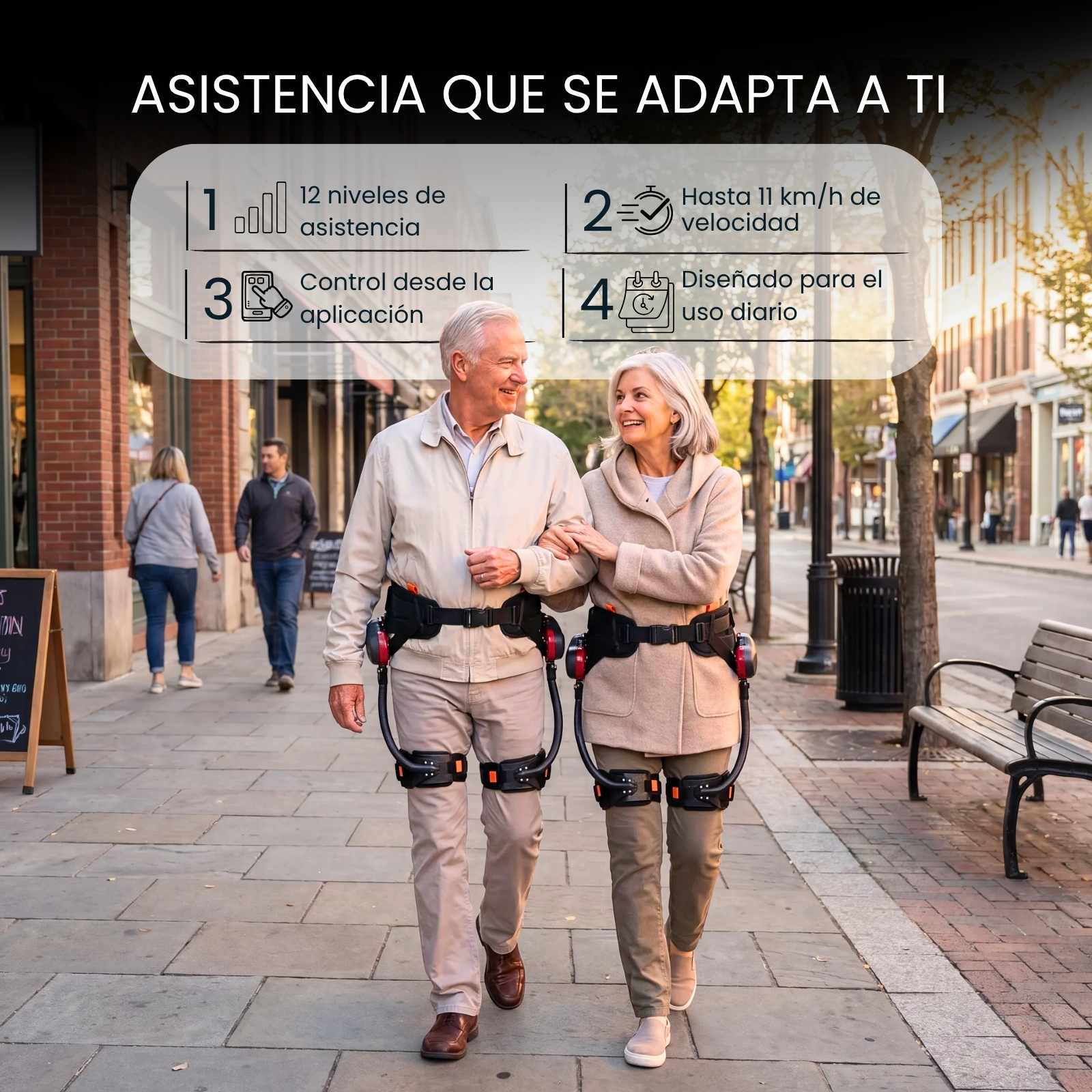 Pareja de ancianos con aparatos en las piernas camina por una acera, ayudados por tecnología.