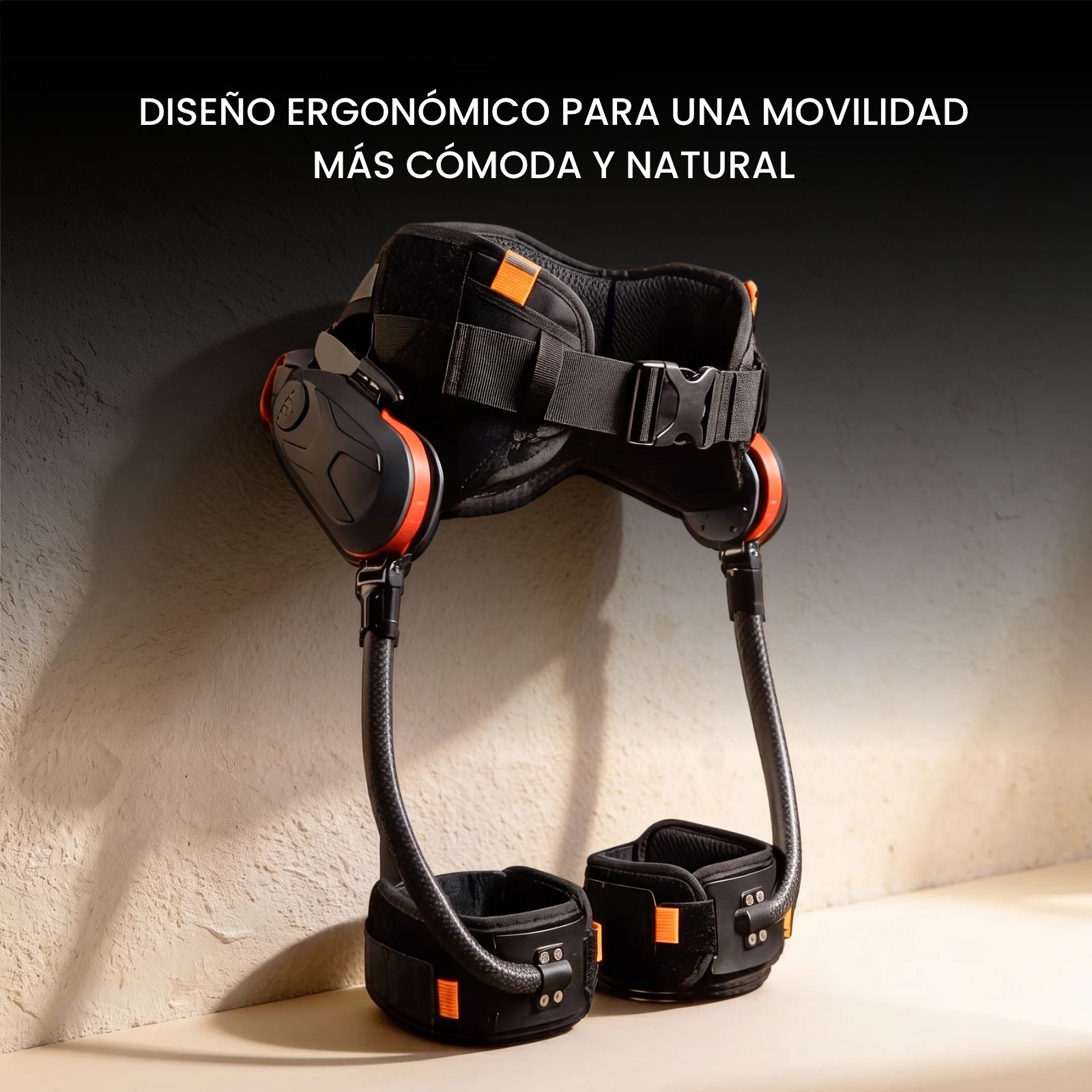 Un arnés de cadera de exoesqueleto negro y naranja con patas de fibra de carbono.