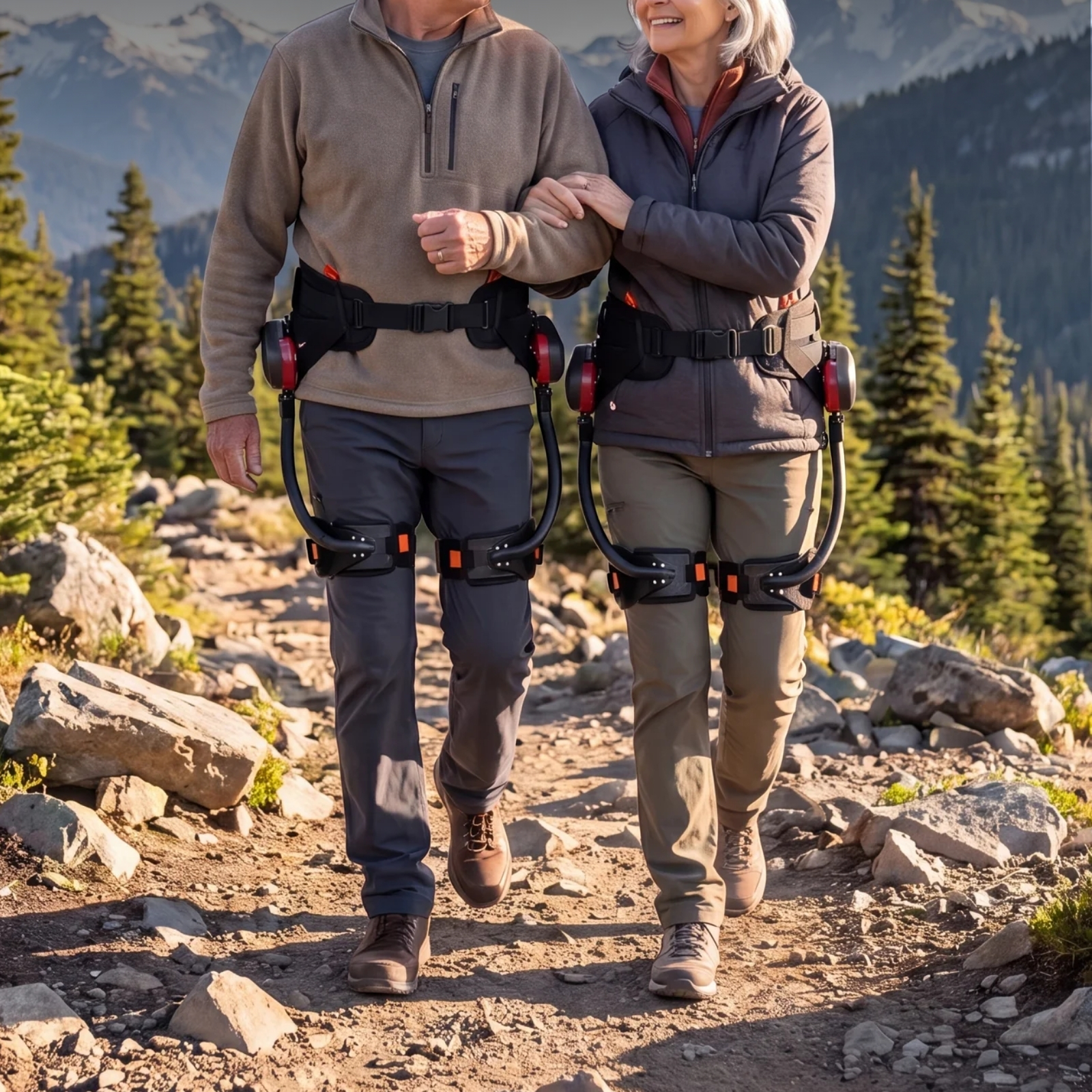 Pareja mayor camina por sendero de montaña con exoesqueletos. Montañas y árboles.