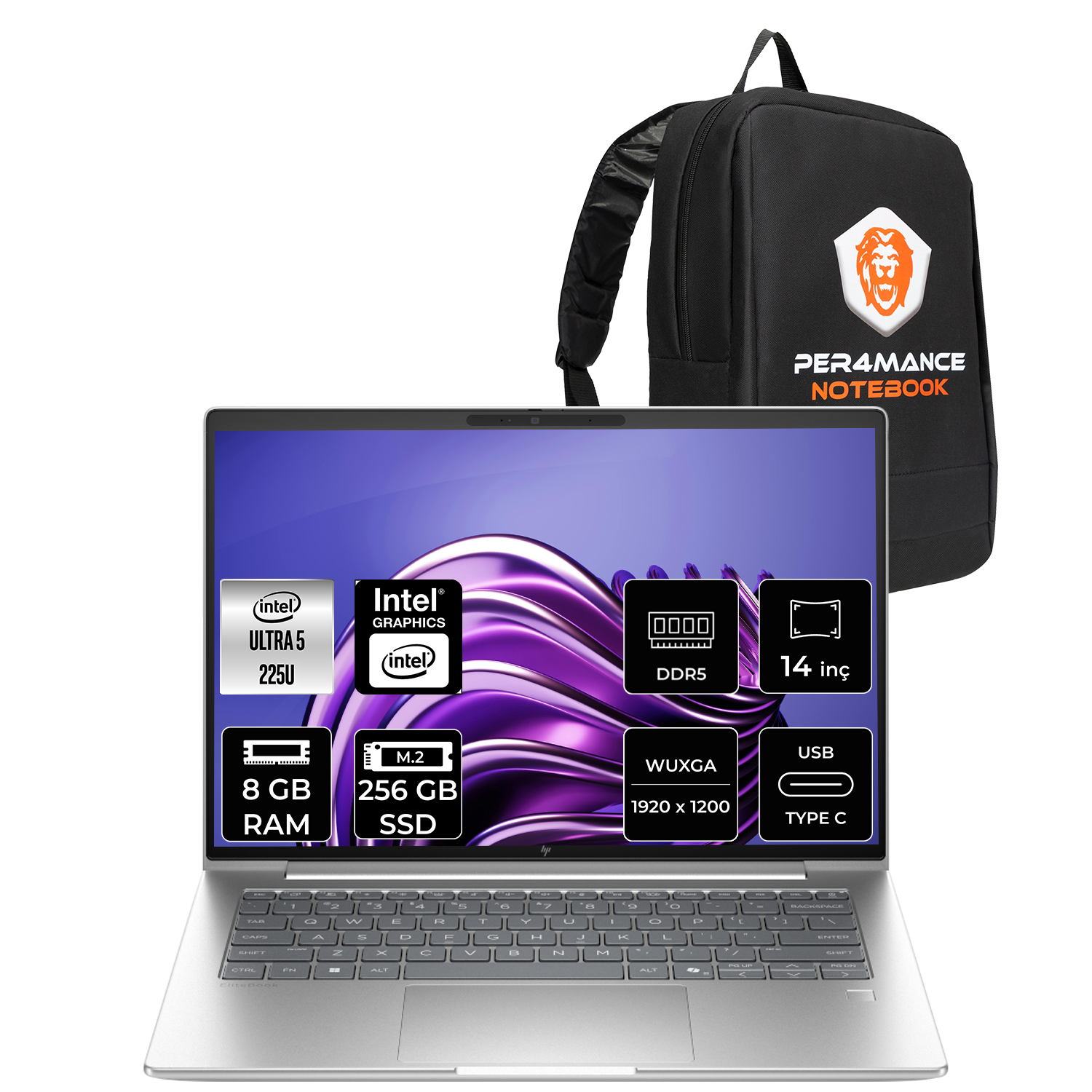 Intel Core i5, 8 GB RAM, 256 GB SSD'li gümüş dizüstü bilgisayar ve siyah sırt çantası.