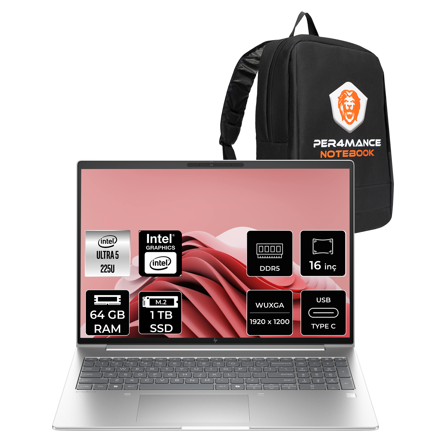 Siyah sırt çantalı gümüş rengi dizüstü bilgisayar. Özellikler: Intel Core Ultra 5, 64 GB RAM, 1 TB SSD.