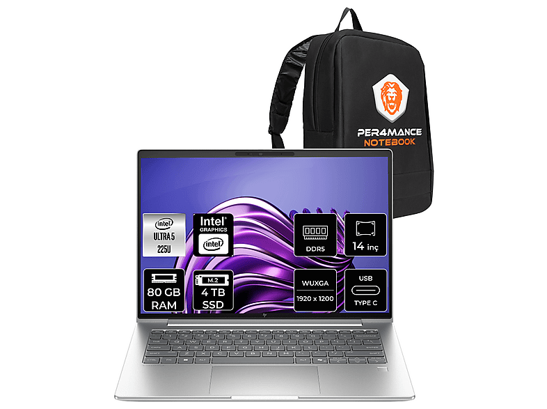 HP EB 6 G1i FHD+ AD4N5ETPN340 + PER4 Intel Core Ultra 5 225U 80 GB RAM 4 TB SSD 14 inç FreeDOS Laptop+Çanta Metalik Gri