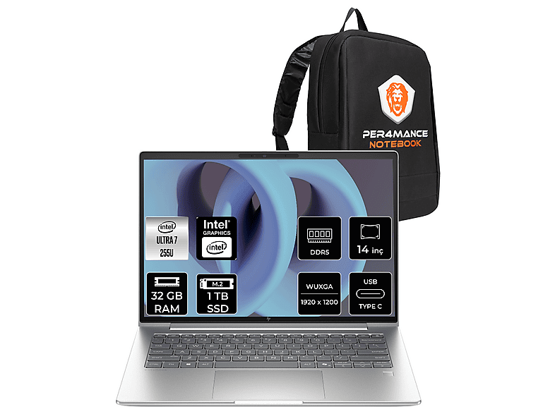 HP EB 6 G1i FHD+ CV0G8ETPN318 + PER4 Intel Core Ultra 7 255U 32 GB RAM 1 TB SSD 14 inç FreeDOS Laptop+Çanta Metalik Gri