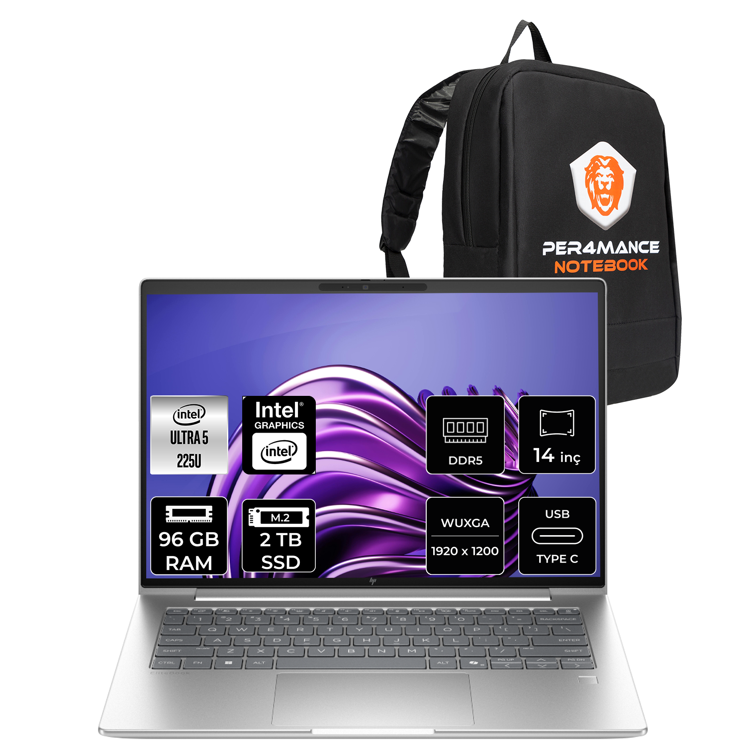 Intel Ultra 5, 96 GB RAM, 2 TB SSD'li gümüş dizüstü bilgisayar ve siyah sırt çantası.