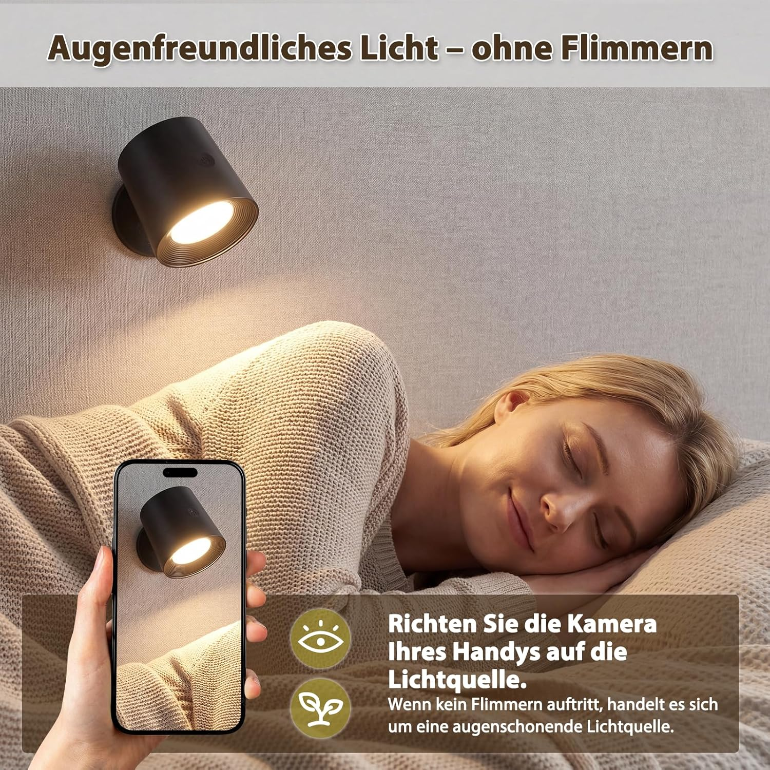 Schwarzer Strahler beleuchtet eine schlafende Frau; Handy zeigt Lampe.