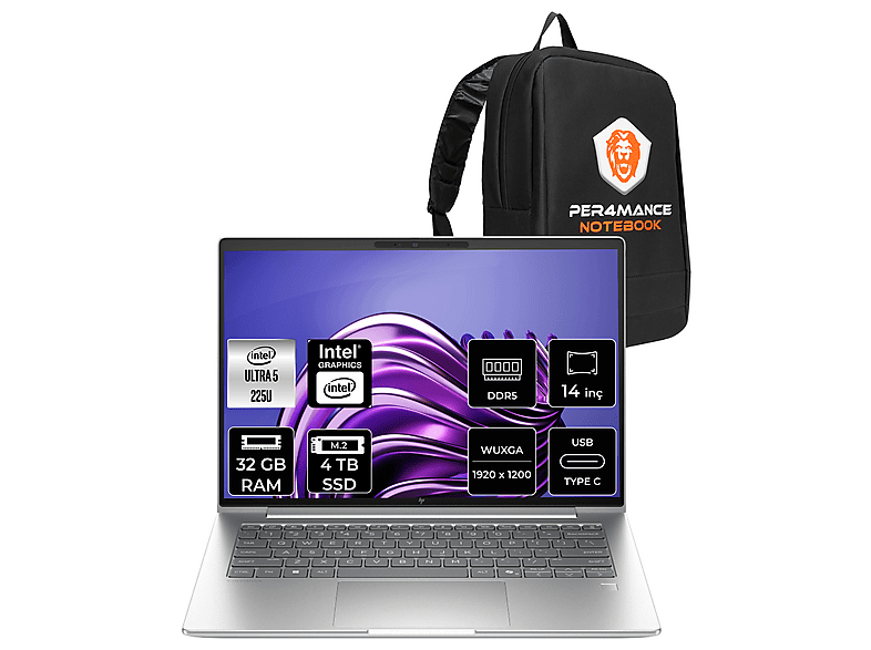HP EB 6 G1i FHD+ AD4N5ETPN320 + PER4 Intel Core Ultra 5 225U 32 GB RAM 4 TB SSD 14 inç FreeDOS Laptop+Çanta Metalik Gri