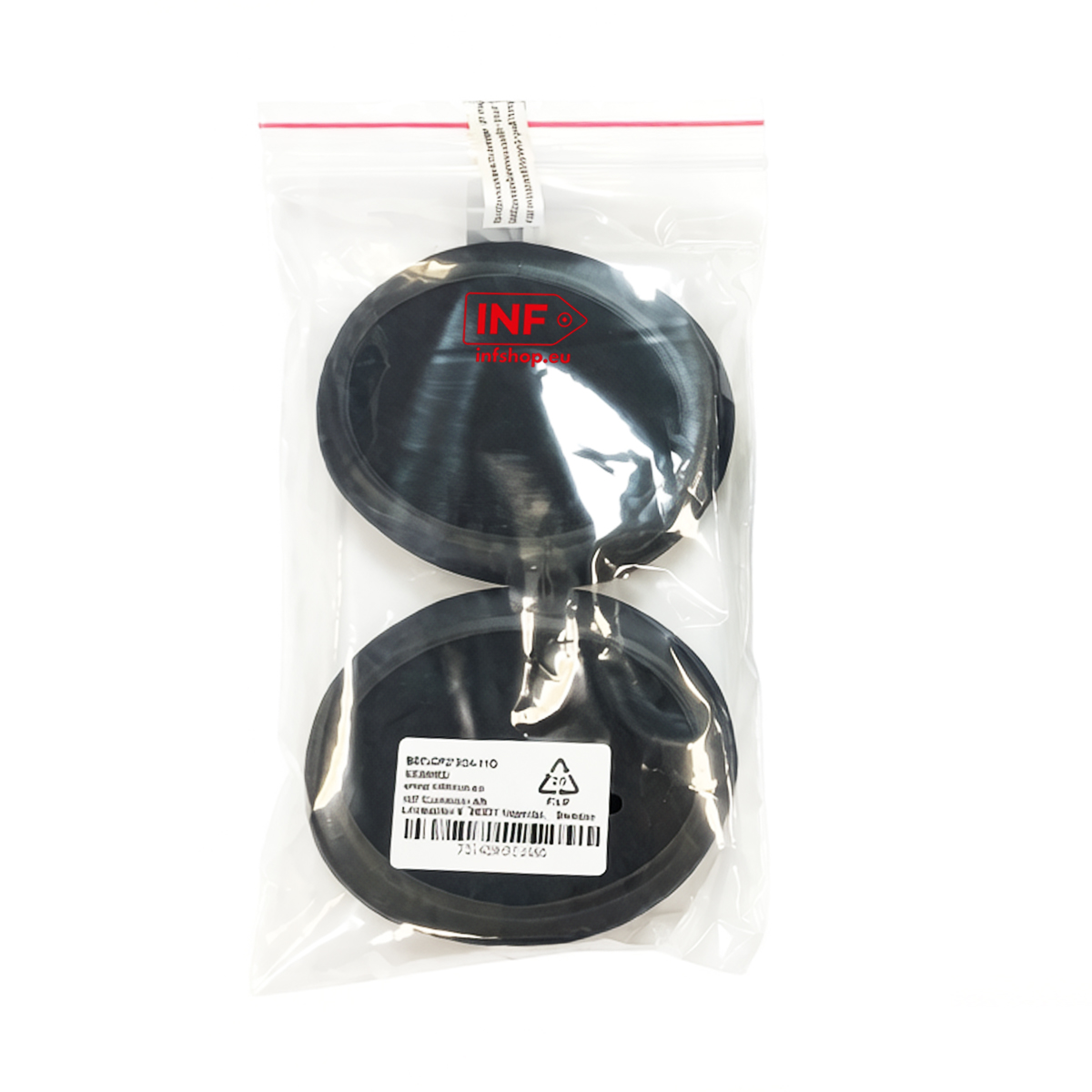 Zwei schwarze Dichtungen in einer Plastiktüte mit Etikett.