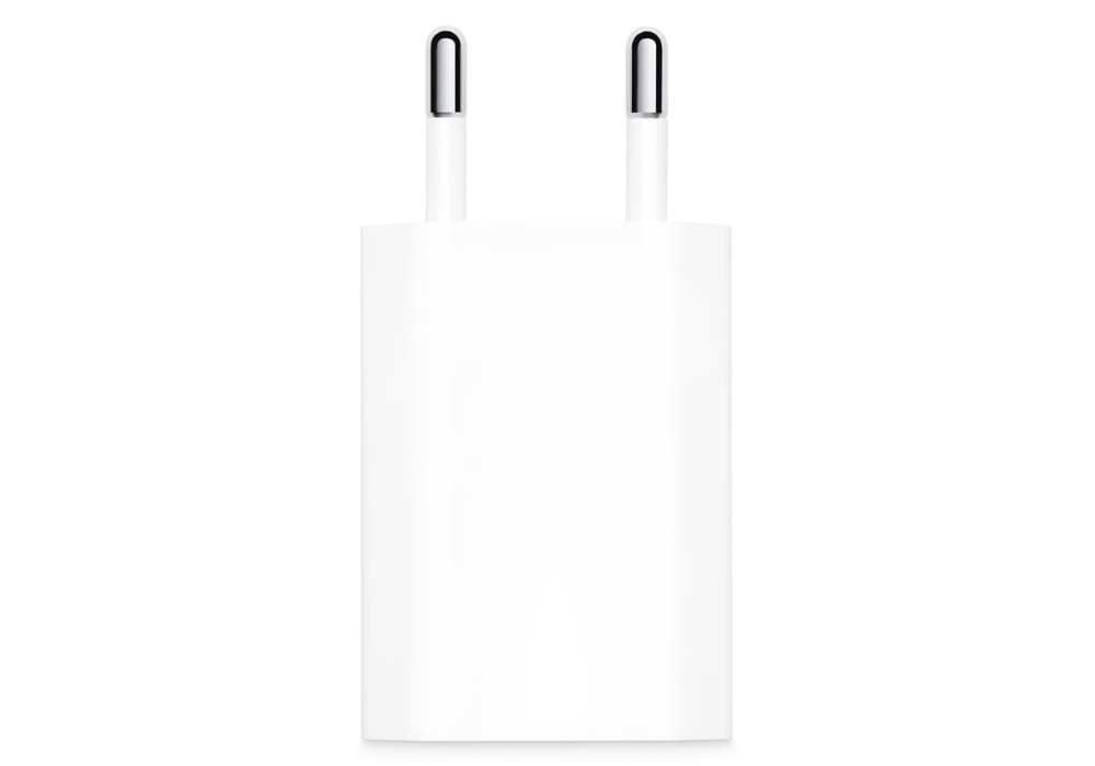 Un alimentatore bianco con due pin metallici.