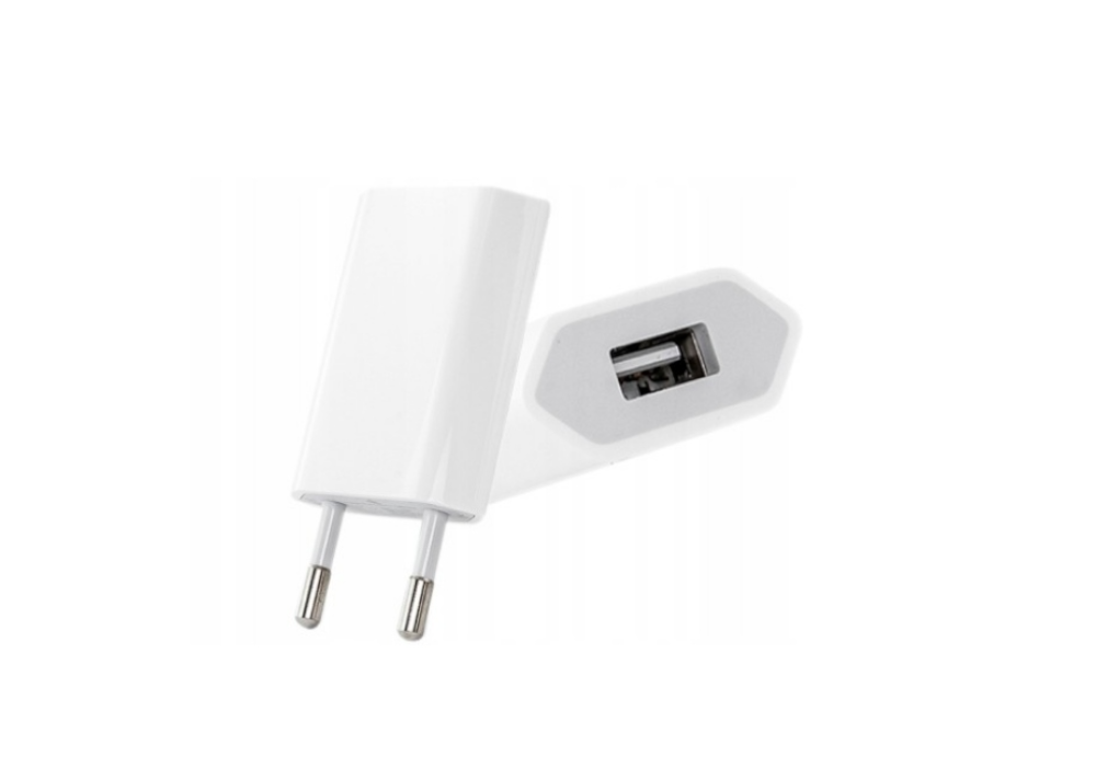Un caricabatterie da parete USB bianco con due spine argentate a sinistra e una porta USB-A a destra, su sfondo bianco.