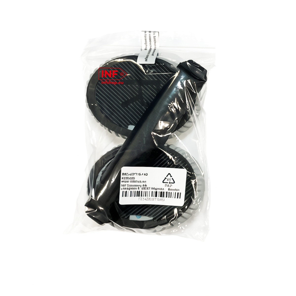 Schwarze Kopfhörer-Ohrpolster mit schwarzem Bügel in transparenter Verpackung.