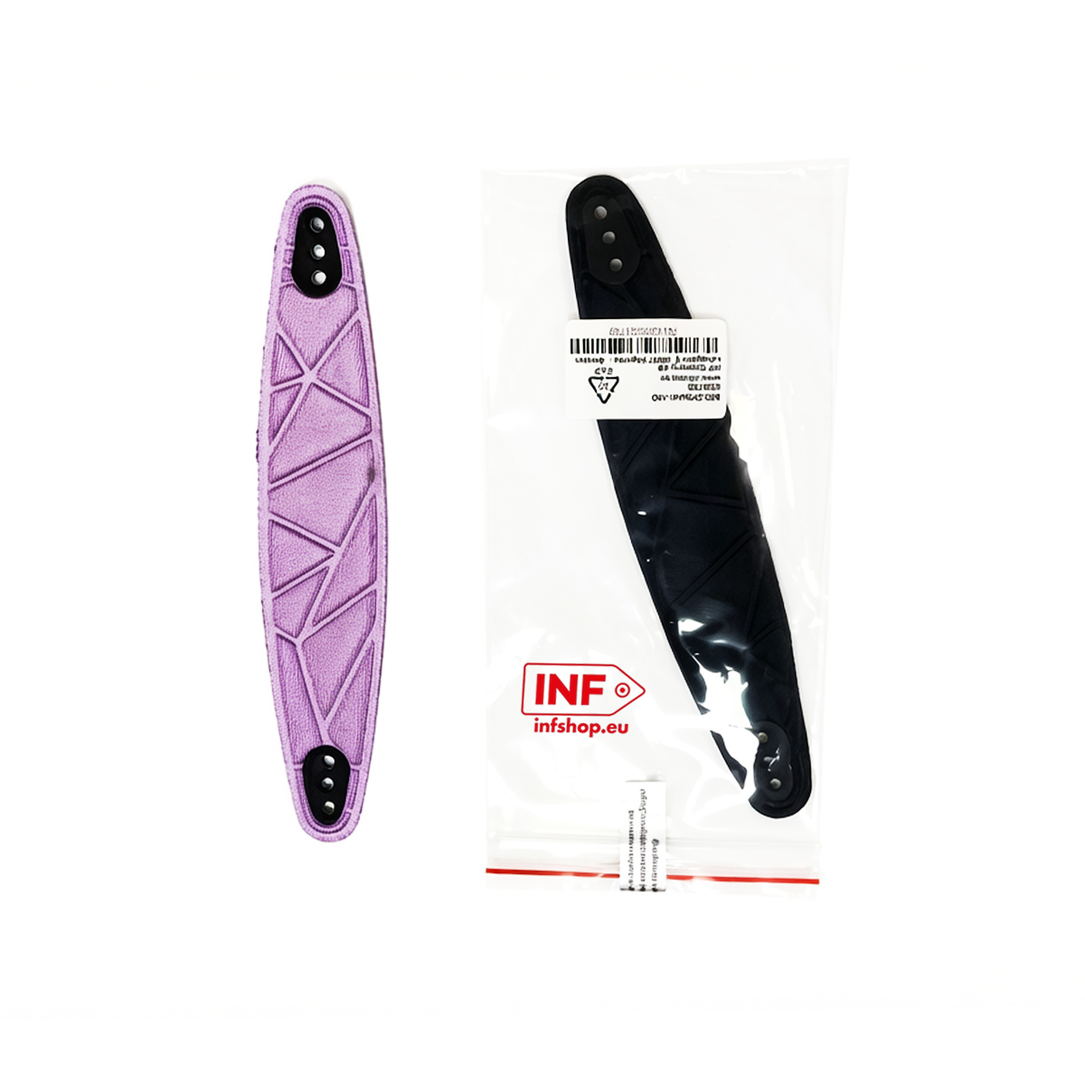 A purple and a black replacement grip are shown side-by-side.