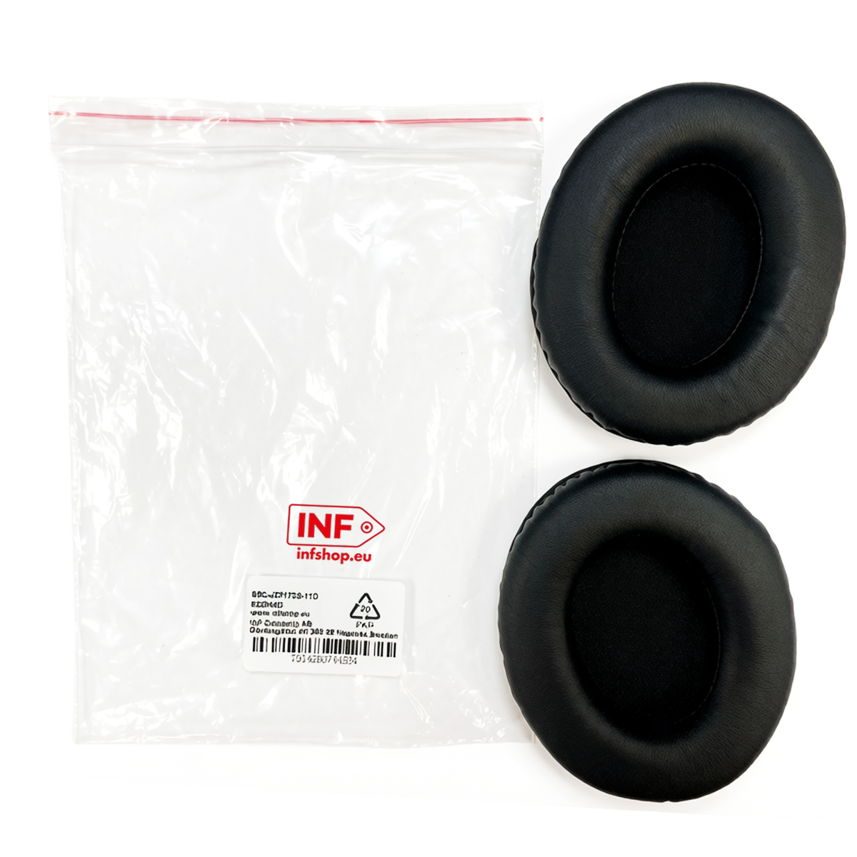 Zwei schwarze Ohrpolster und eine durchsichtige Verpackung mit Aufdruck.