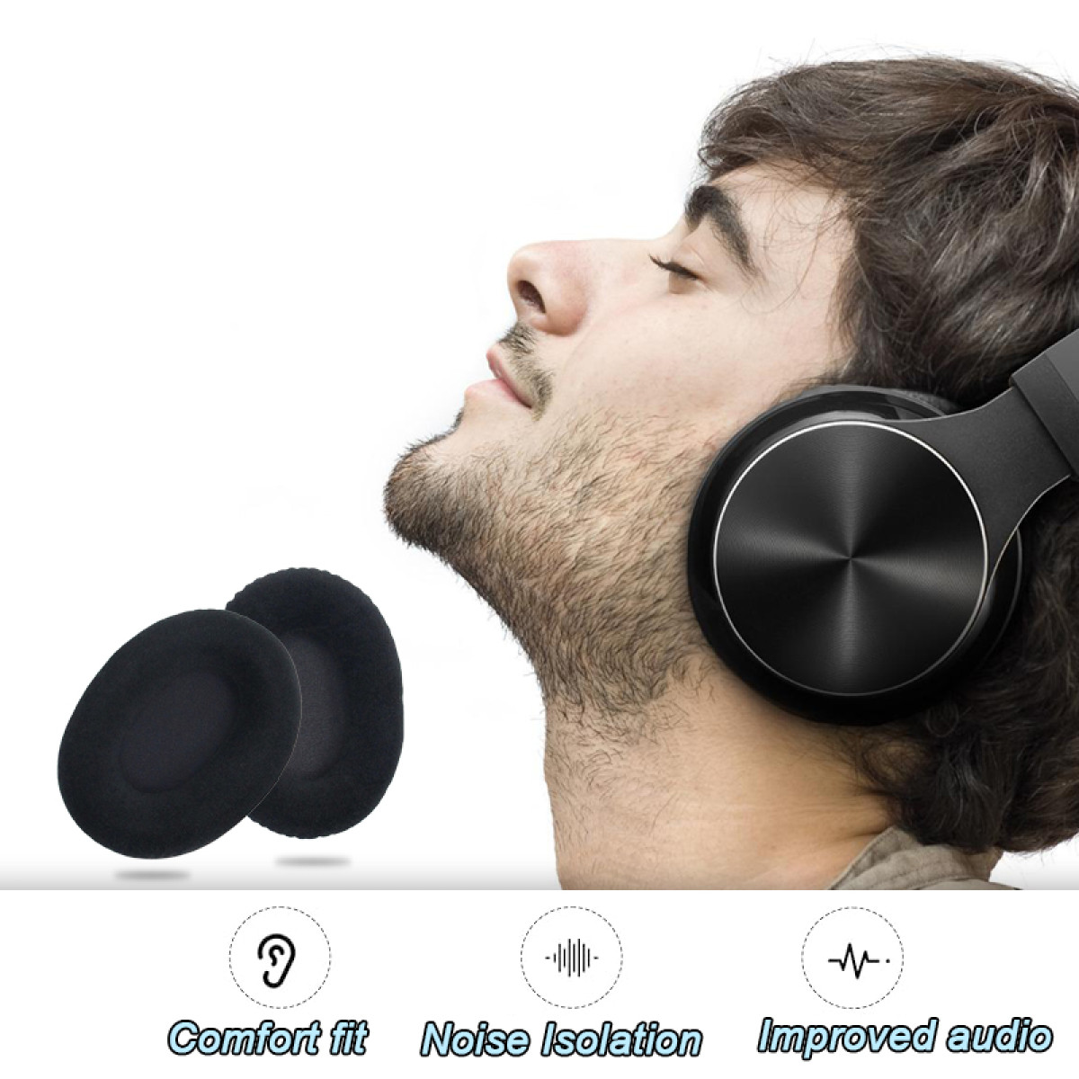 Man wearing headphones, two black ear pads beside him.
